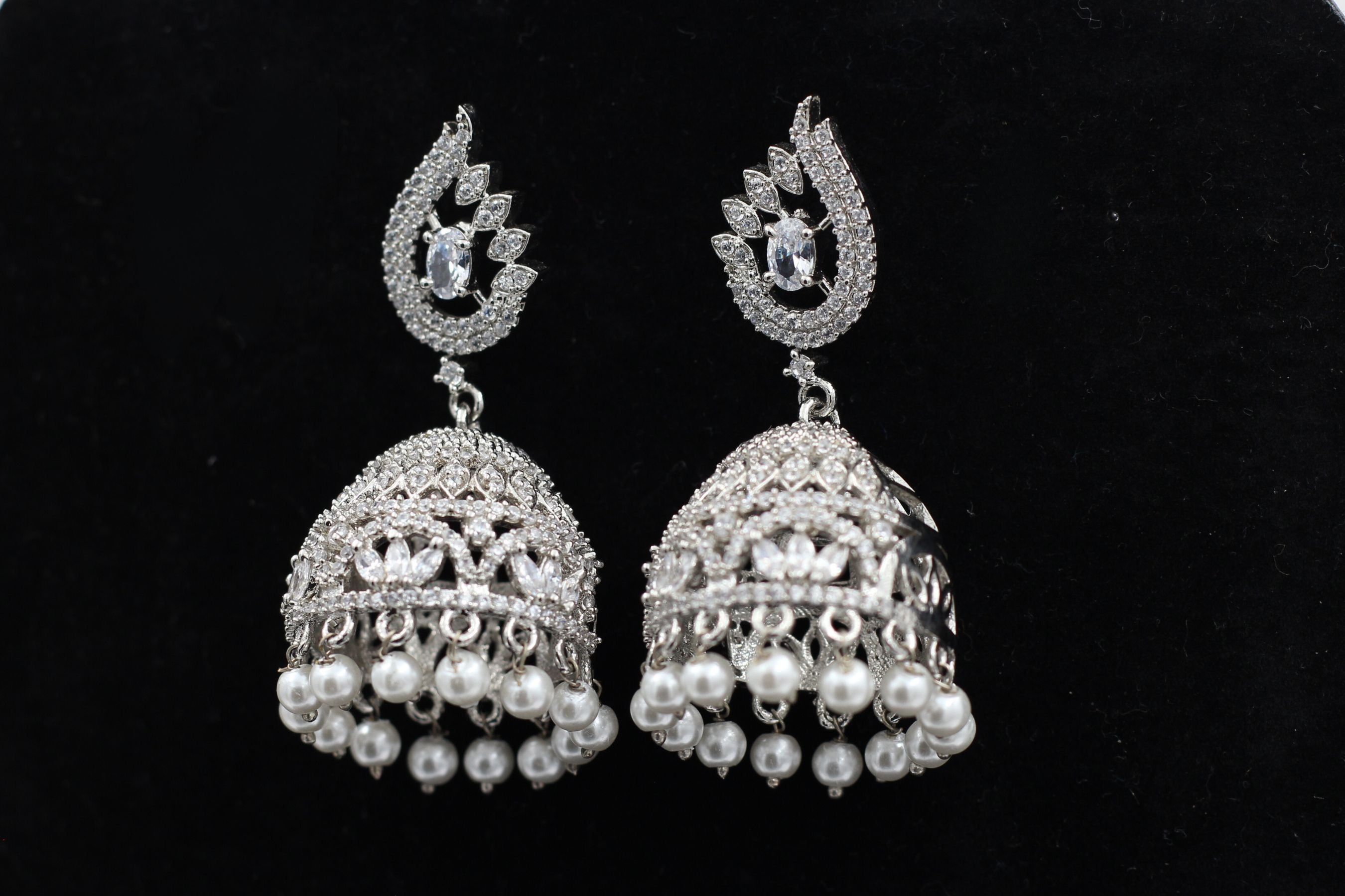 Ethereal Silver Polish Jhumka with White Stones and Pearl Hangings Jewelry JCS Fashions