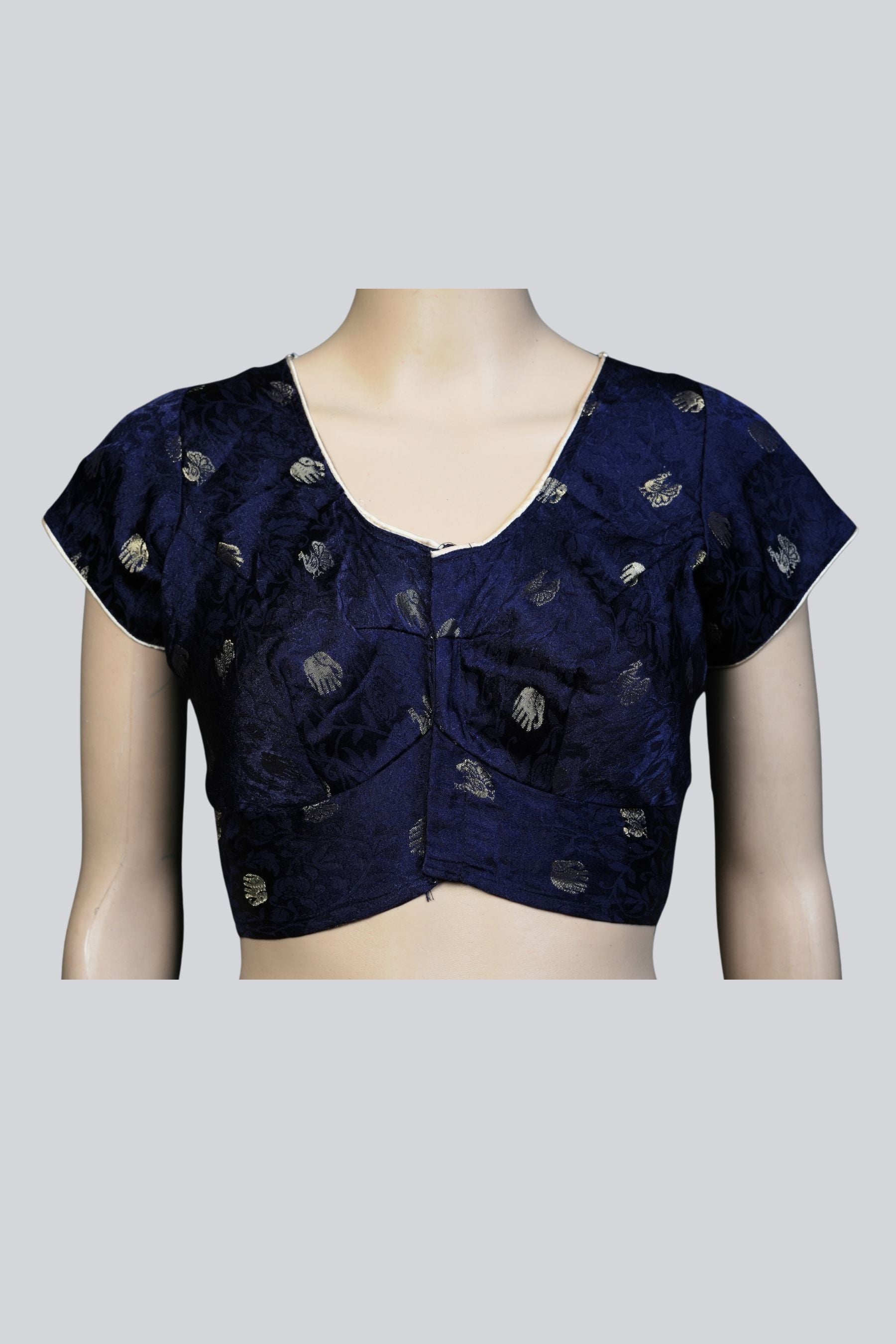 Elephant Elegance: Dark Blue Brocade Blouse at JCSFashions