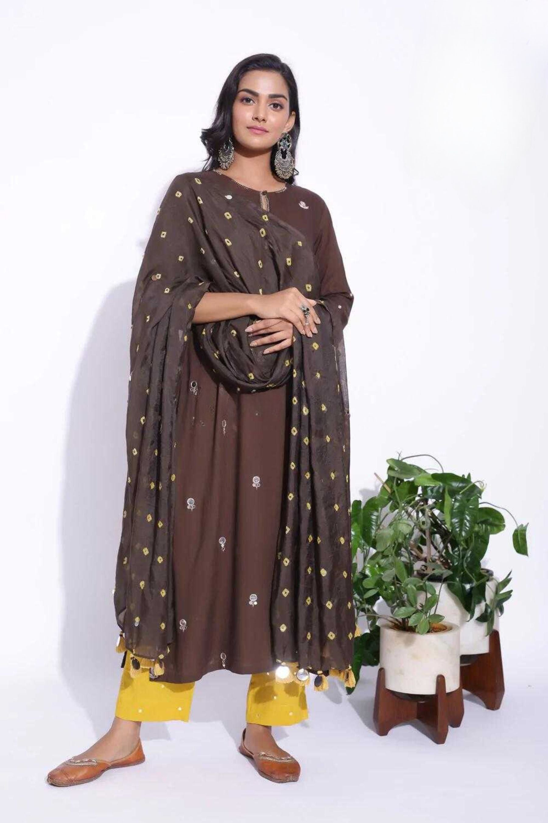 Brown Colour Mirror Work Detailing Kurta | JCS Fashions Sustainable JCS Fashions