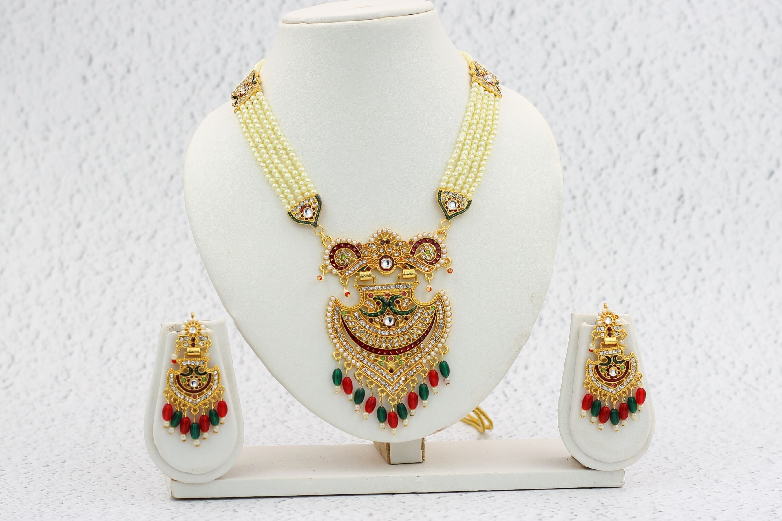 Luxurious Gold-Plated Kundan Studded Meenakari Necklace Set with Pearls Jewelry JCS Fashions Green & Red 12.5 inch