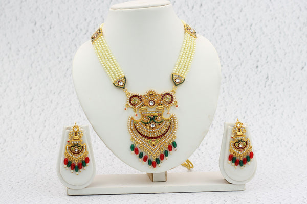 Luxurious Gold-Plated Kundan Studded Meenakari Necklace Set with Pearls