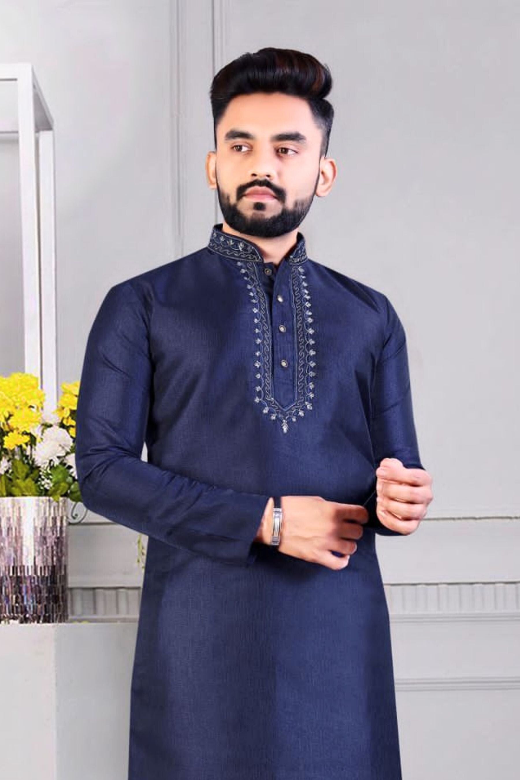 Men's Classic Corian Silk Kurta & Cotton Pajama Set -Resham Work Details Men JCS Fashions