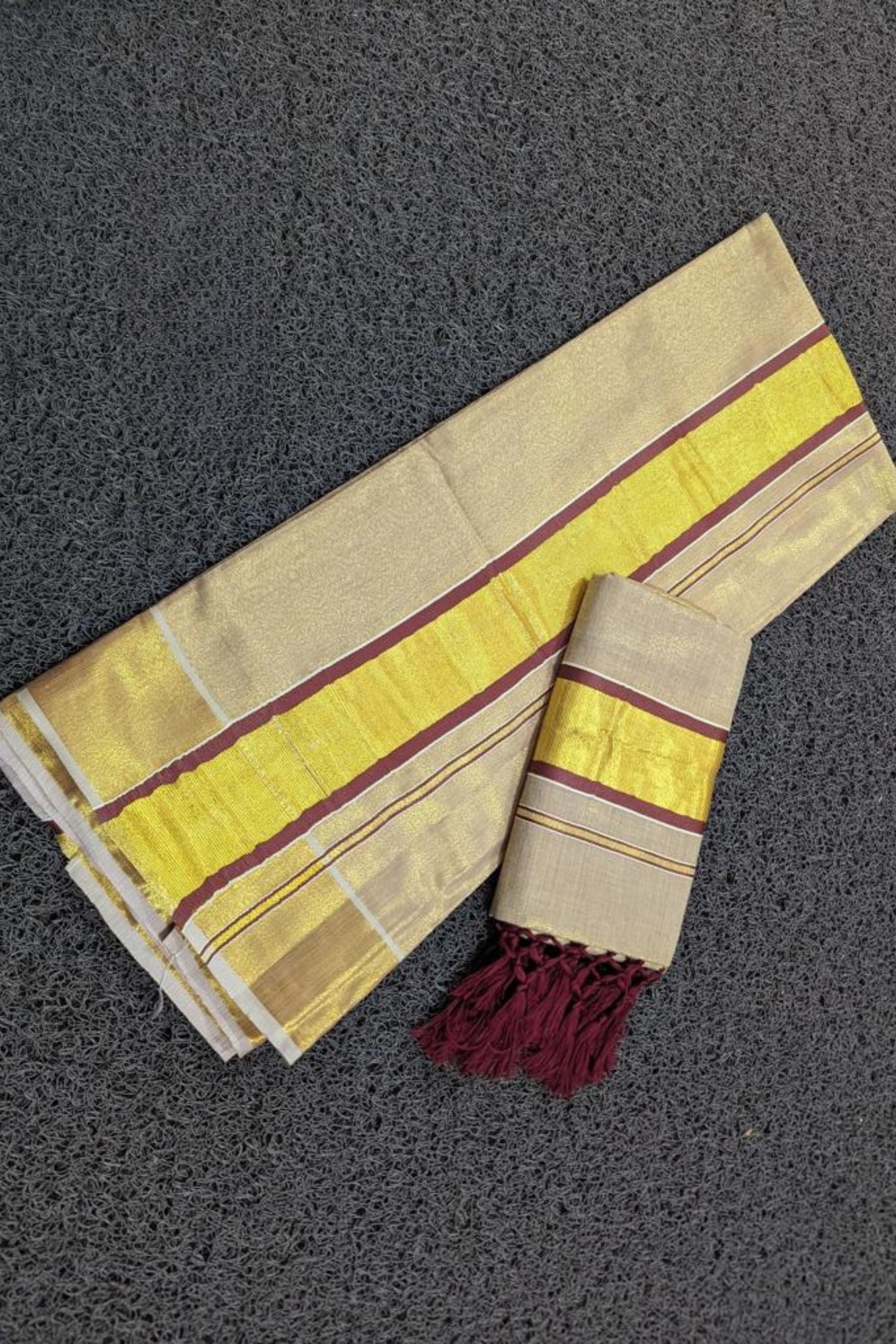 Elegant Saree Vishu Collection - Premium Tissue Set Mundu with Tussels Saree JCS Fashions