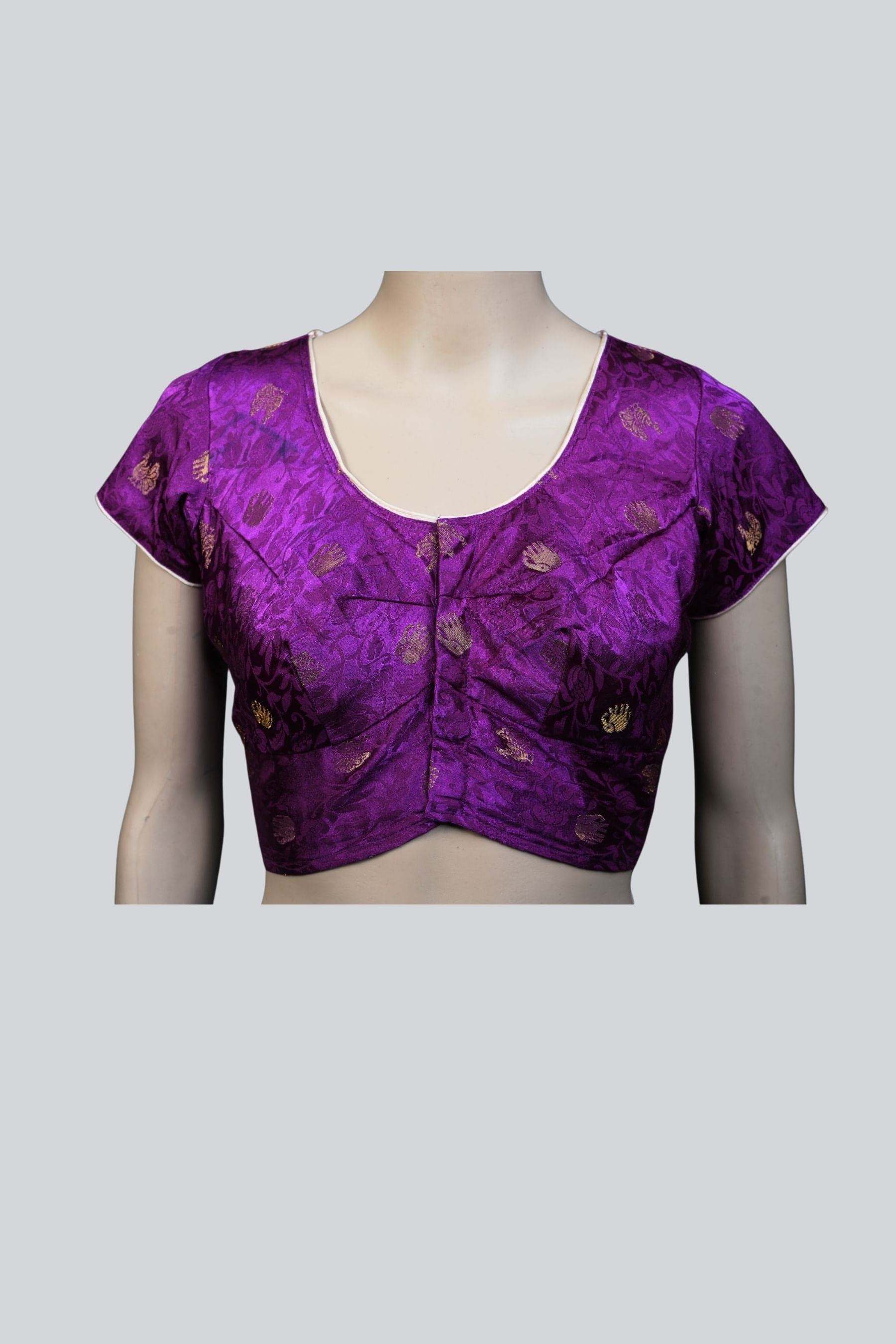 Purple Elegance: Brocade Blouse with Enchanting Elephant Motifs