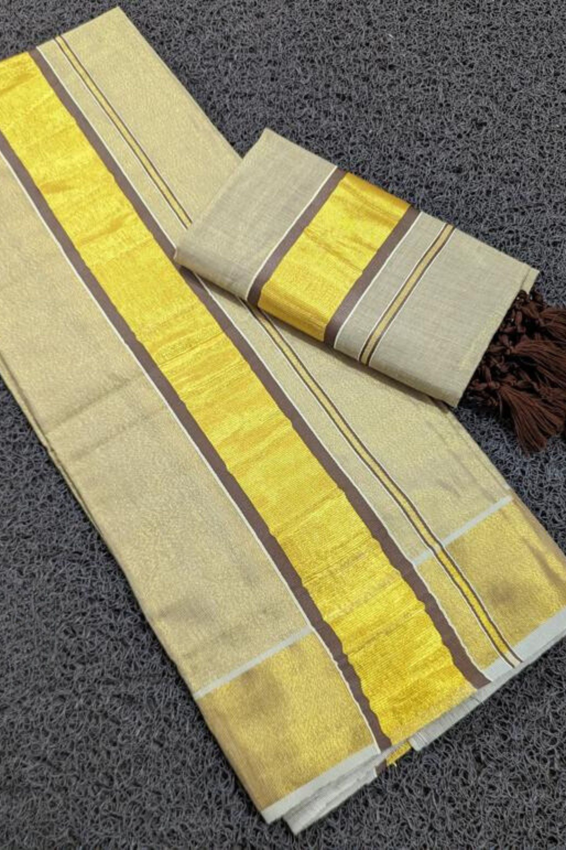 Chic Saree Vishu Collection: Color Tissue Set Mundu with Tassel Detailing Saree JCS Fashions