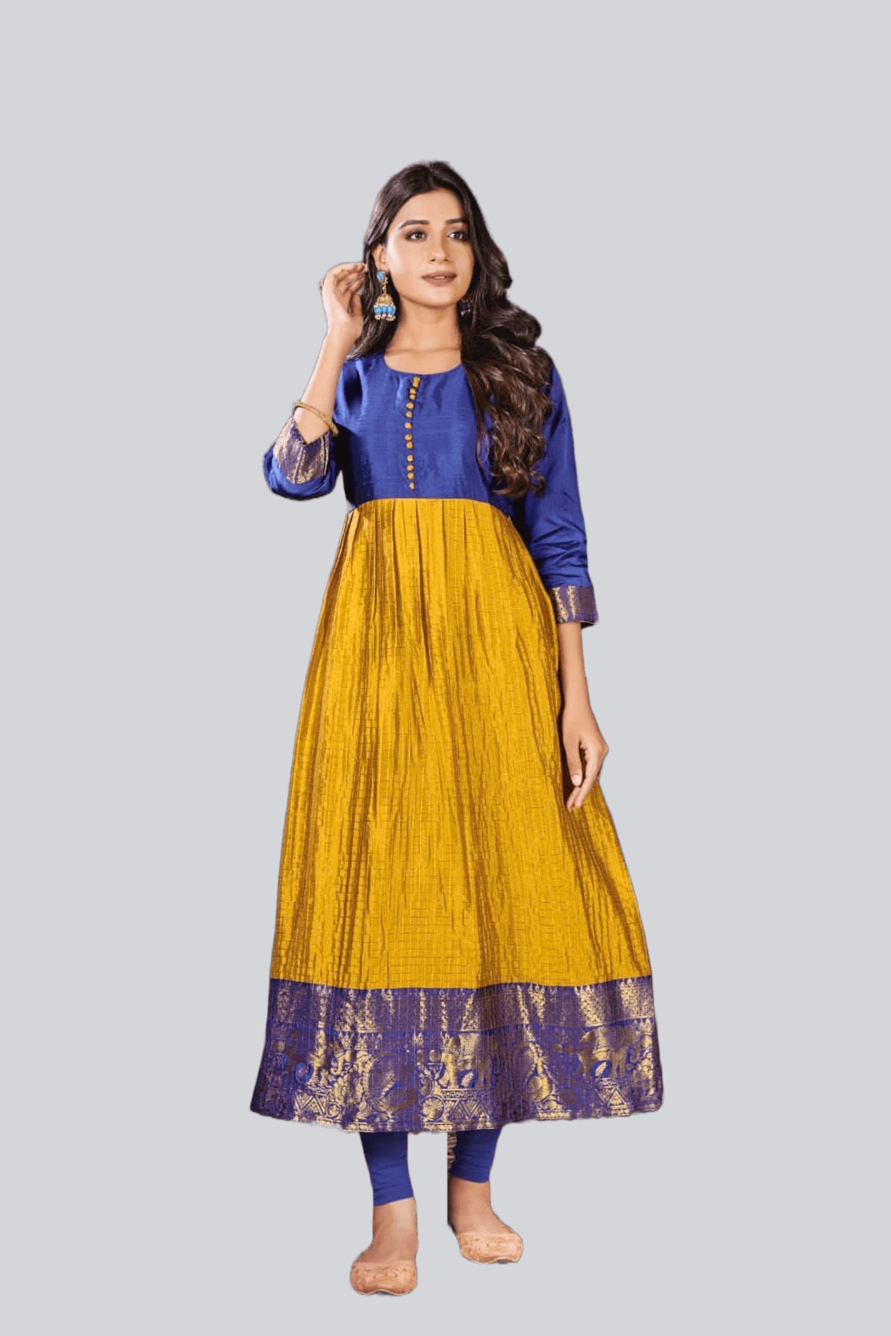 Silk Weaving Kurti with Jacquard Border with Modern Twist Kurti JCS Fashions Blue & Mustard Medium (38)