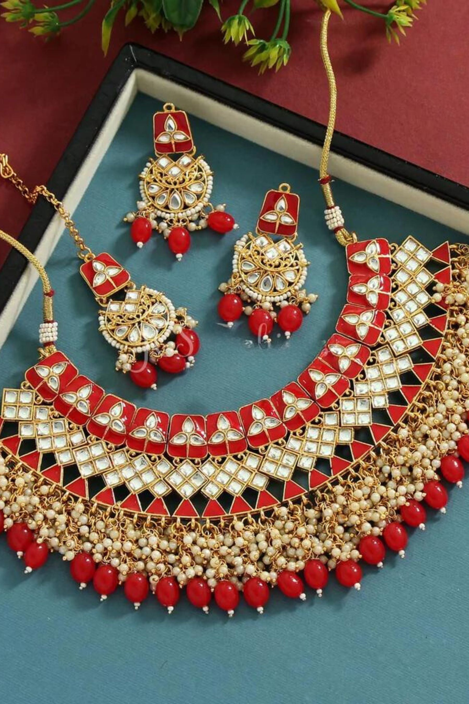 Stunning Meenakari Necklace Set with earrings and tikka Jewelry JCS Fashions Red 7 * 2.7"