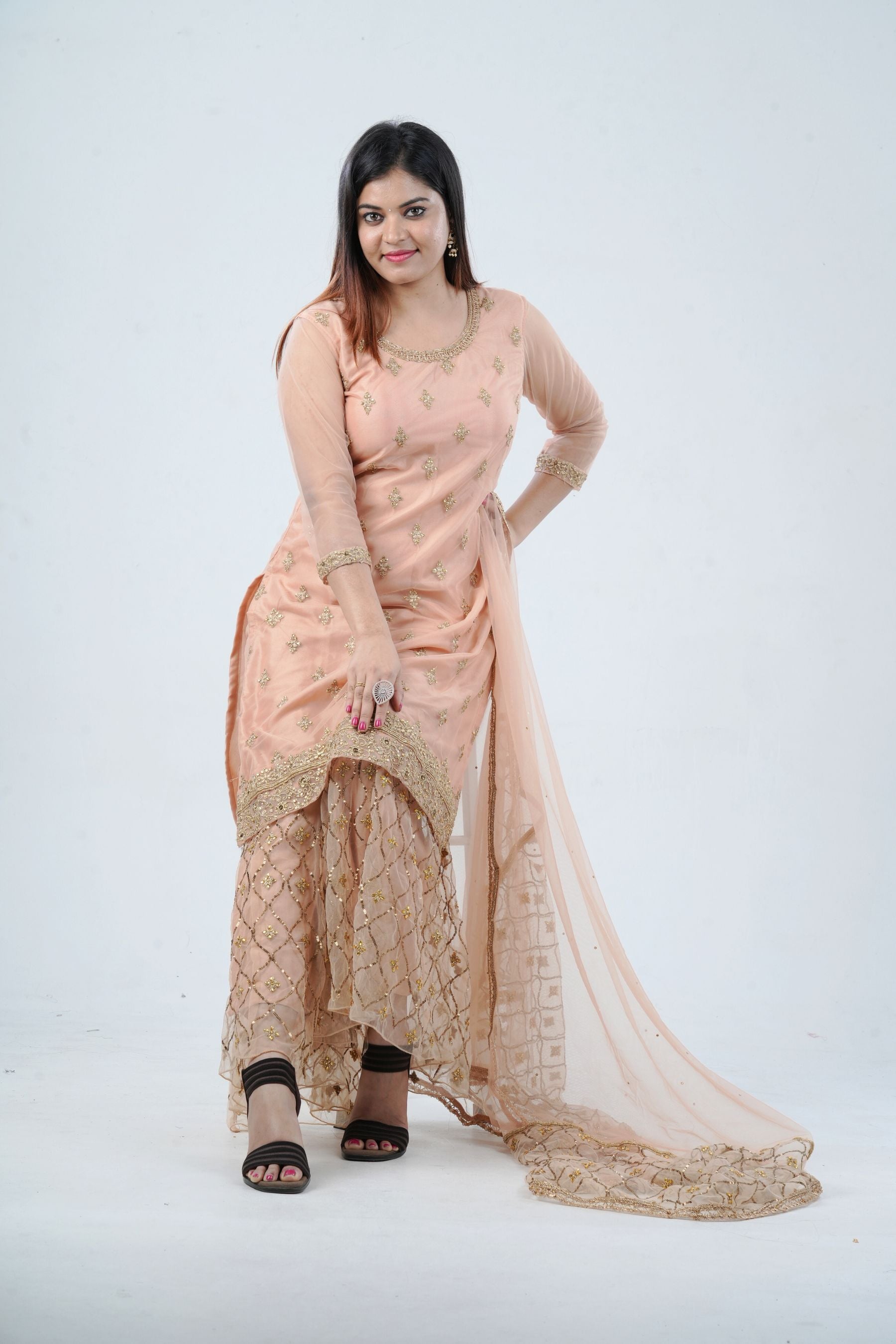 Ethnic Elegance: Soft Net Sharara - Perfect for Special Occasions KURTI JCS Fashions Peach Medium (38)