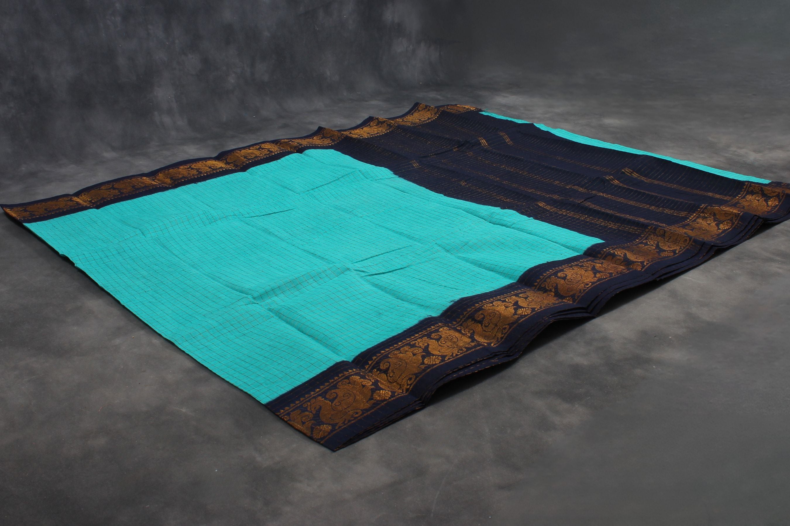 Madurai Sungudi Cotton Saree with Golden Checks and Zari Border