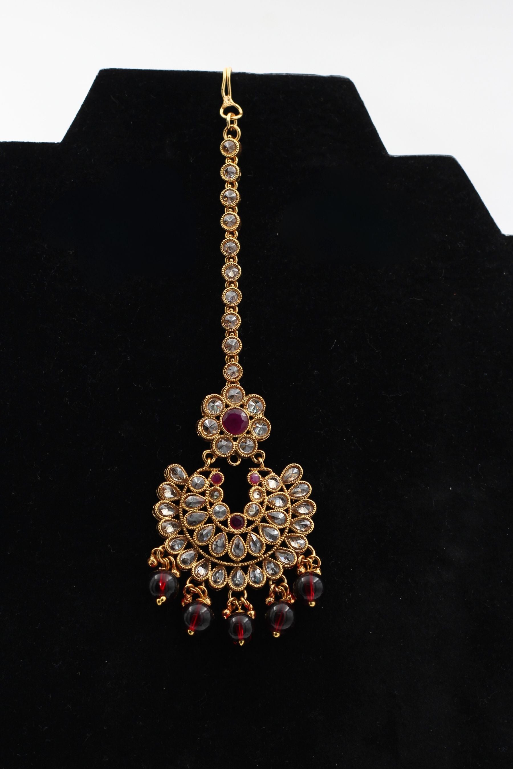 JCSFashions Gold-Polished Kundan Tikka with Elegantly Hanging Beads Jewelry JCS Fashions Gold 5.3 inch