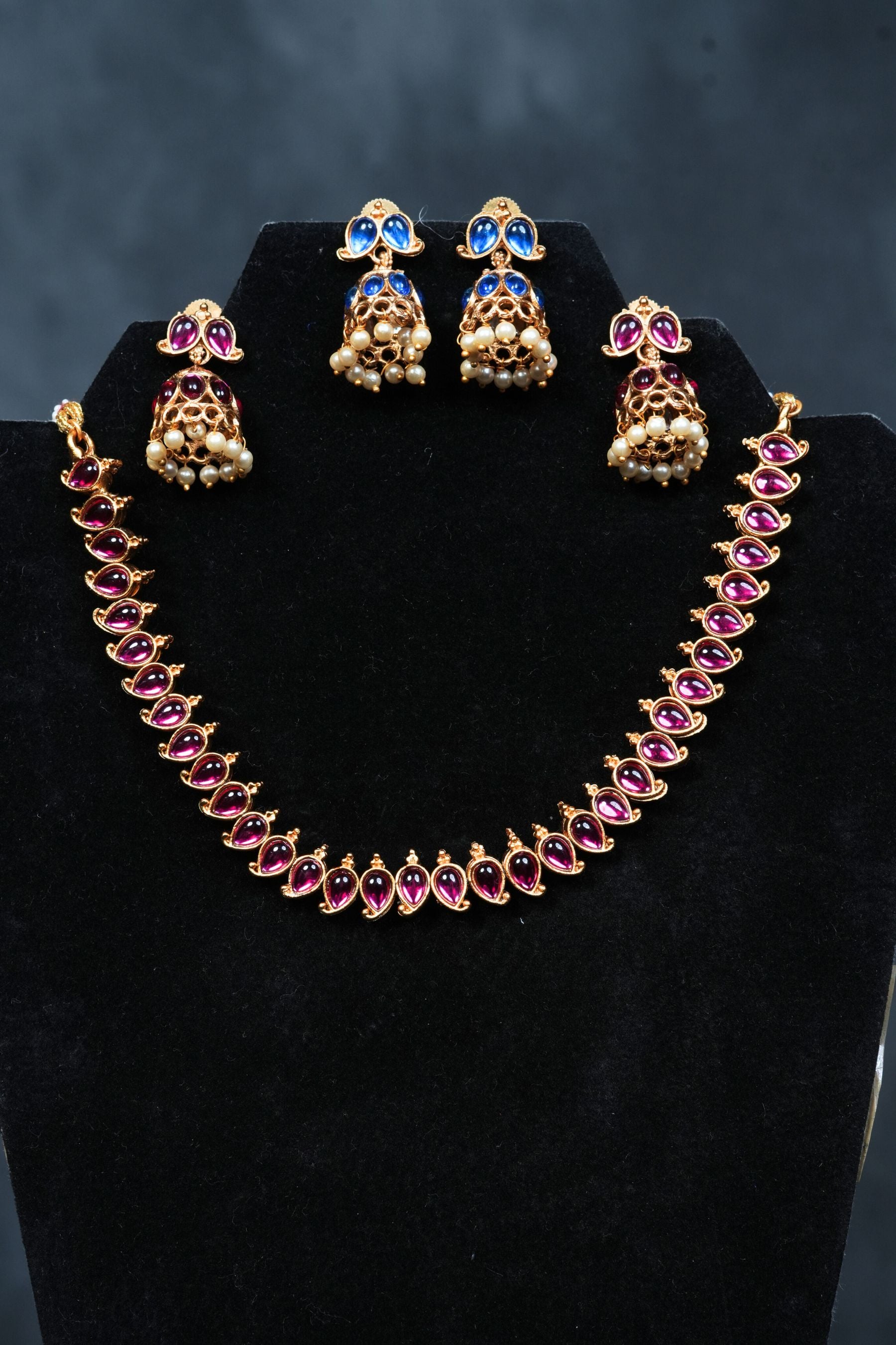 Dual Chic : Matte Finish Neckset with Pink & Blue Stones - JCSFashions