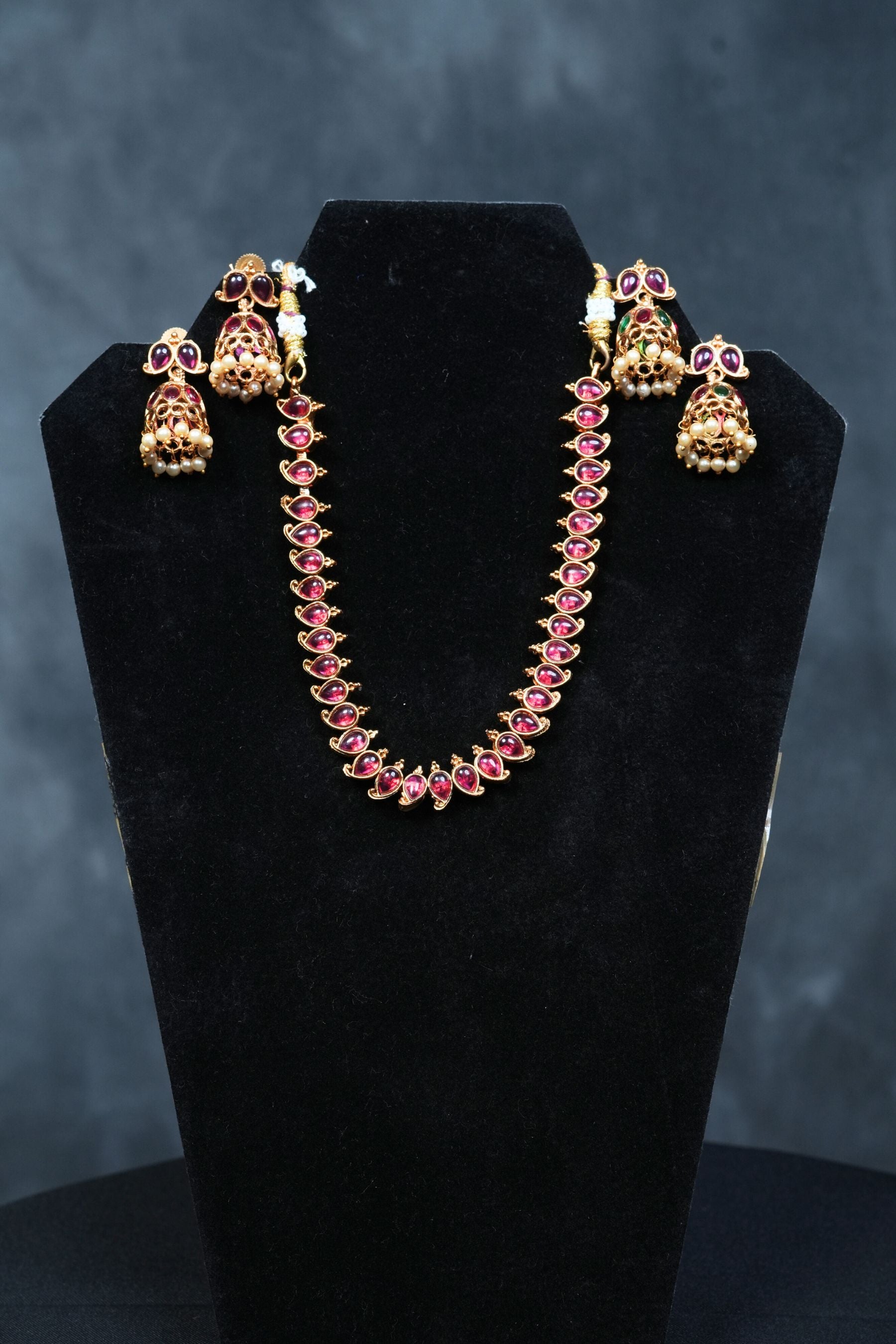 Dual Charm Delight: Matte Finish Neckset with Pink and Green Stones