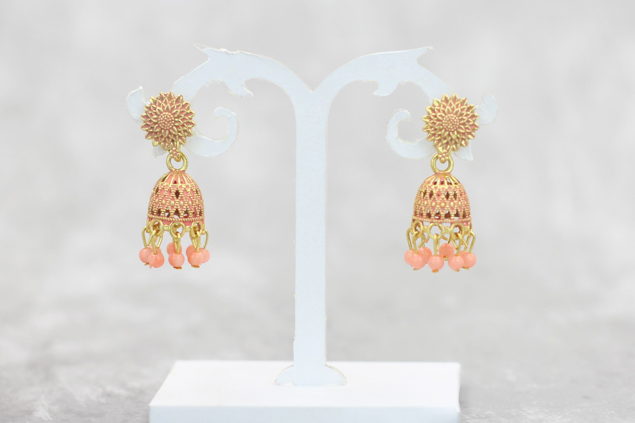 Opulent Gold Plated Jhumkas with Pearls - Durable & Elegant Earrings Jewelry JCS Fashions Peach 1.3 inch