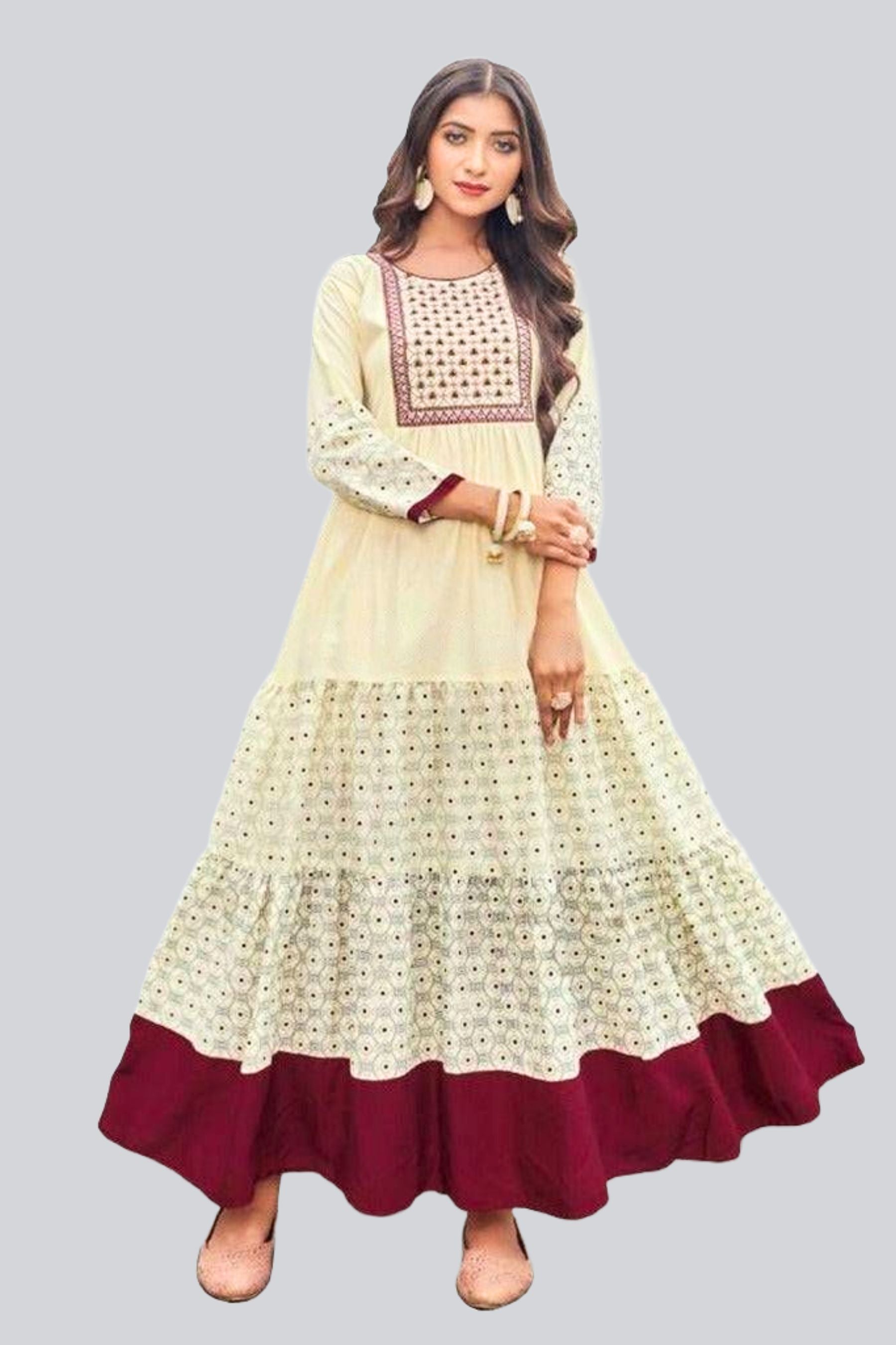 Elegant Cotton Cambric Gown | Frill Detail and Heavy Neck Embroidery Kurti JCS Fashions Cream Medium (38)