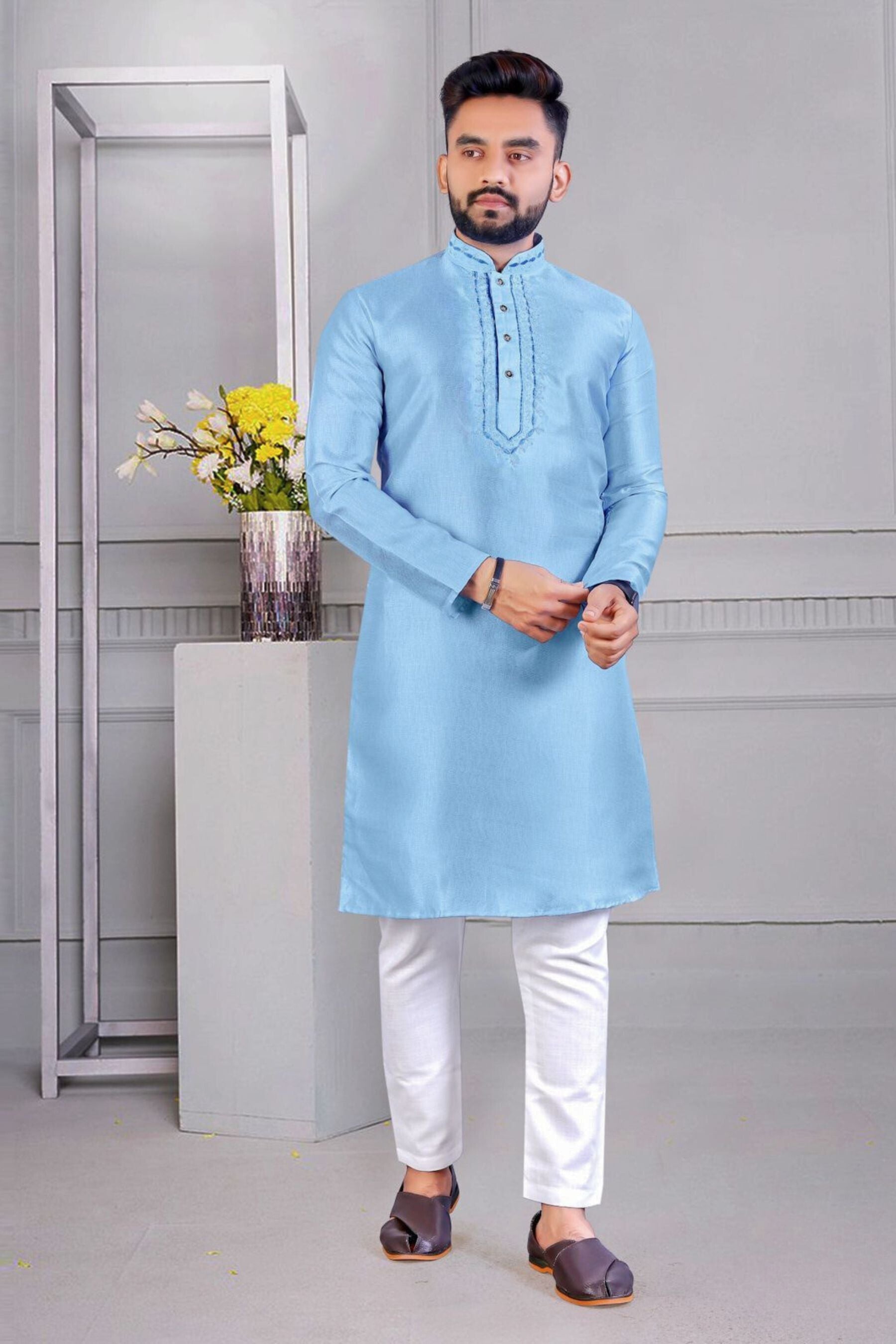 Men's Traditional Corian Silk Kurta - Sophisticated Ethnic Comfort Wear Men JCS Fashions Sky Blue X-Large (42)