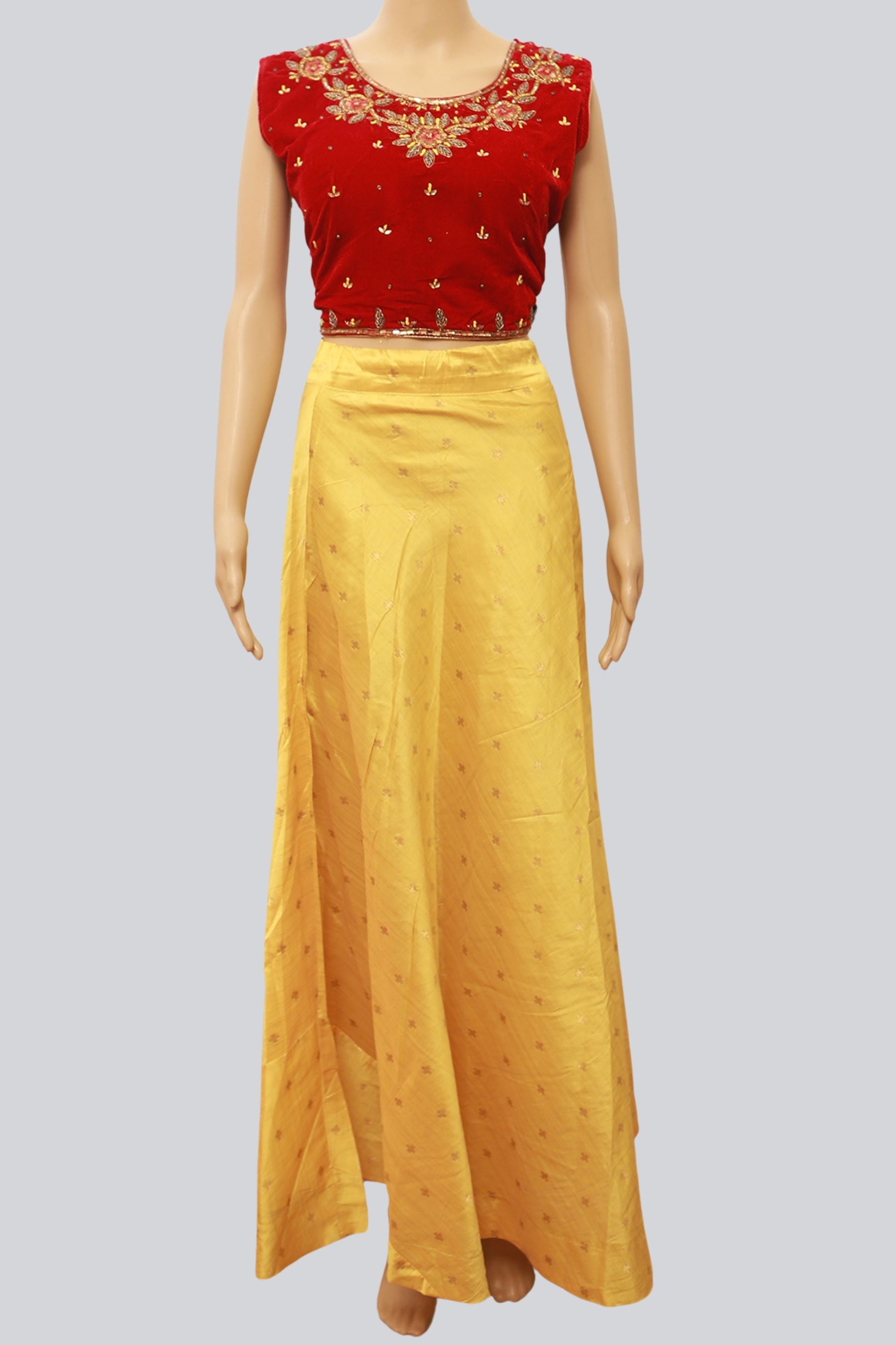 Sleek Velvet & Silk Crop Lehenga: Chic Design and Attached Sleeves LEHENGA JCS Fashions maroon/yellow Large (40)