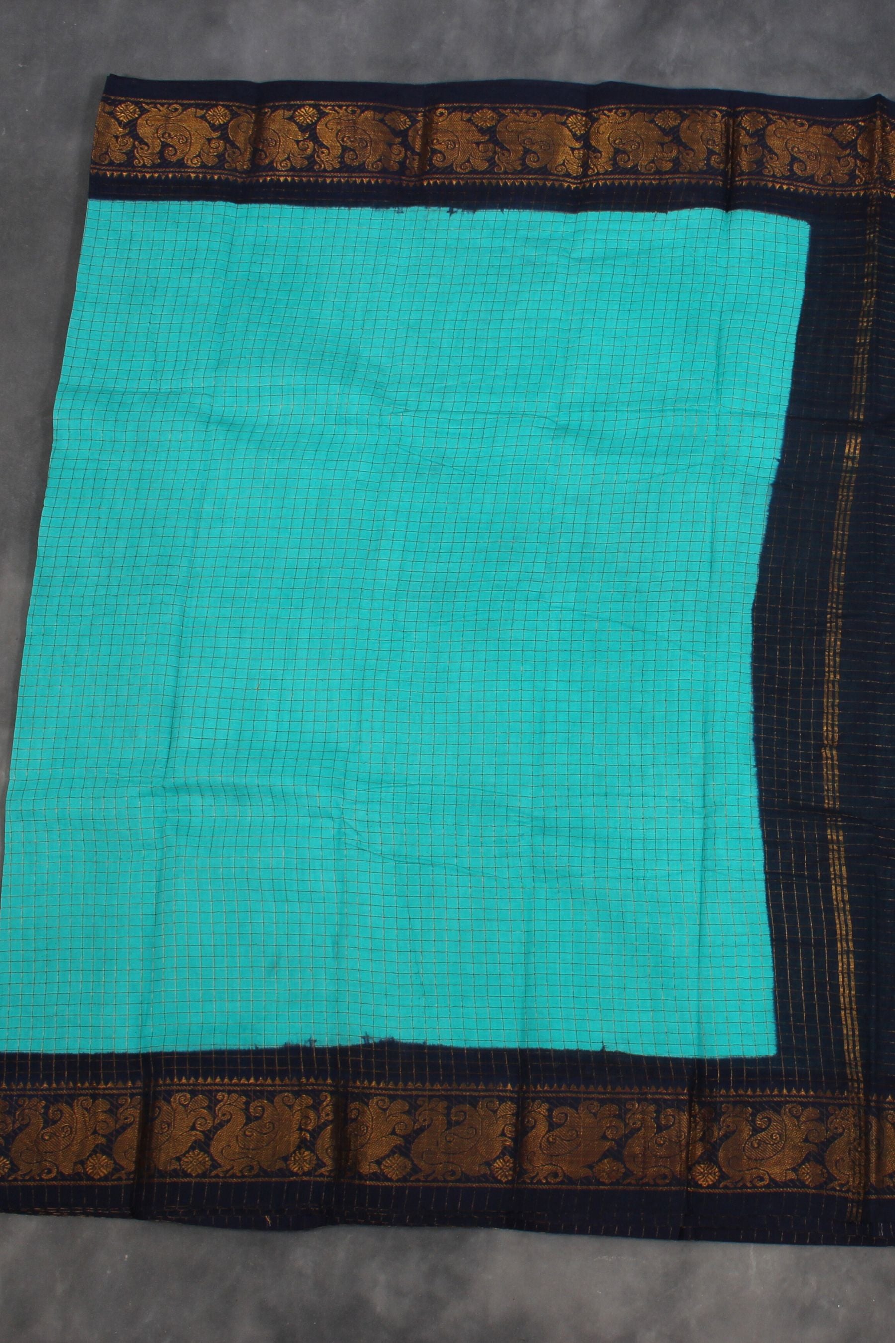 Madurai Sungudi Cotton Saree with Golden Checks and Zari Border