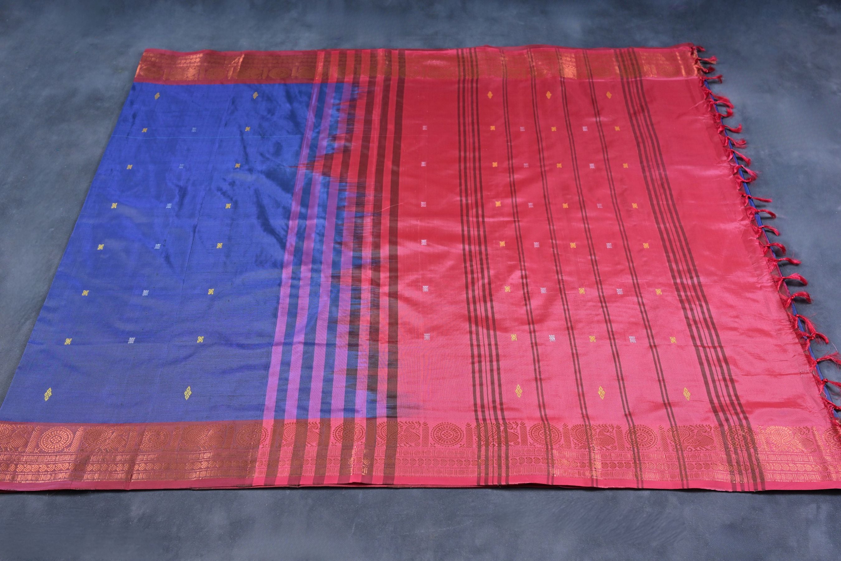 Banana Pith Saree with Rich Copper Zari Border - Indian Craftsmanship Saree JCS Fashions Blue 5.5 meters