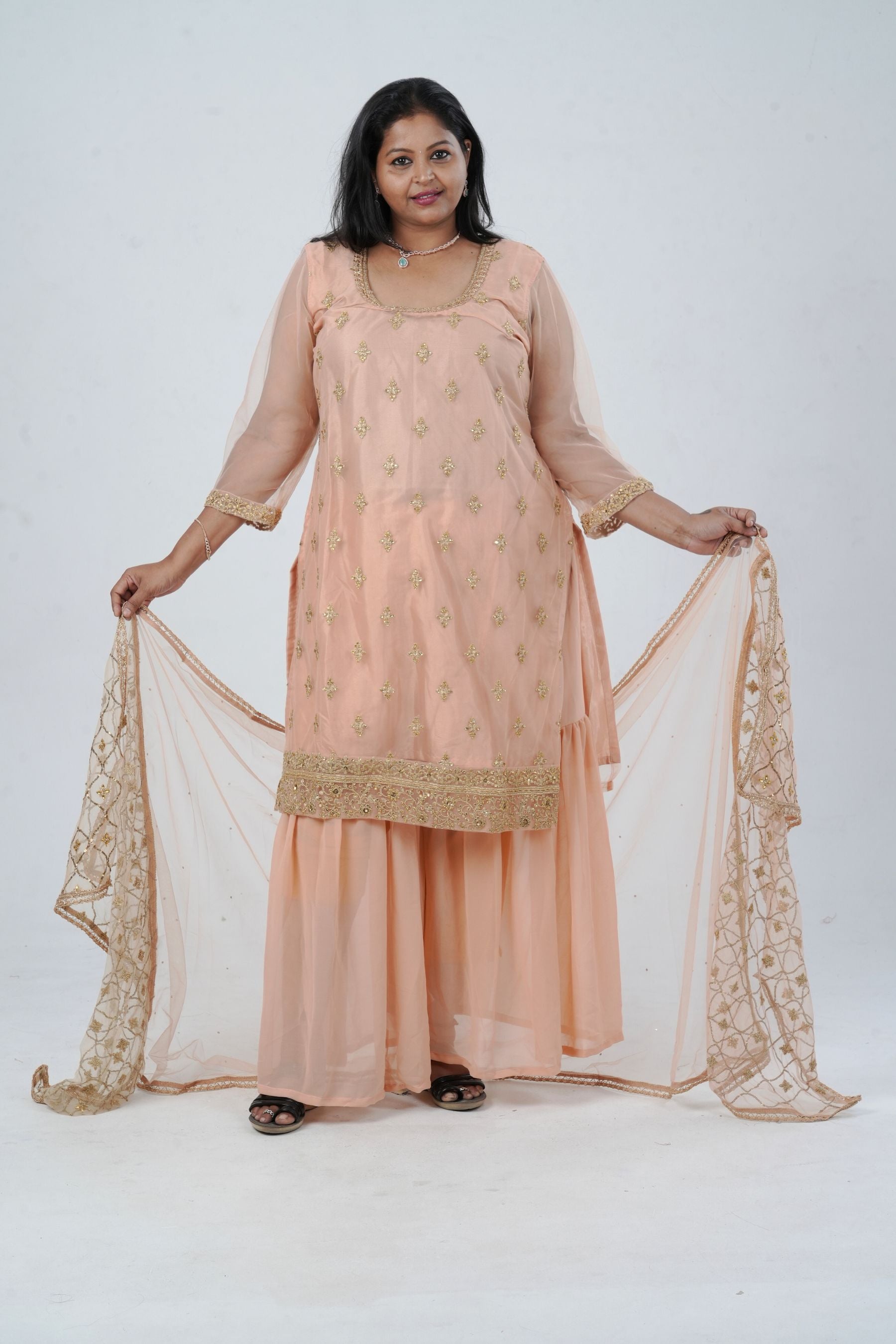 Plus Size: Ethnic Elegance: Soft Net Sharara in Peach KURTI JCS Fashions