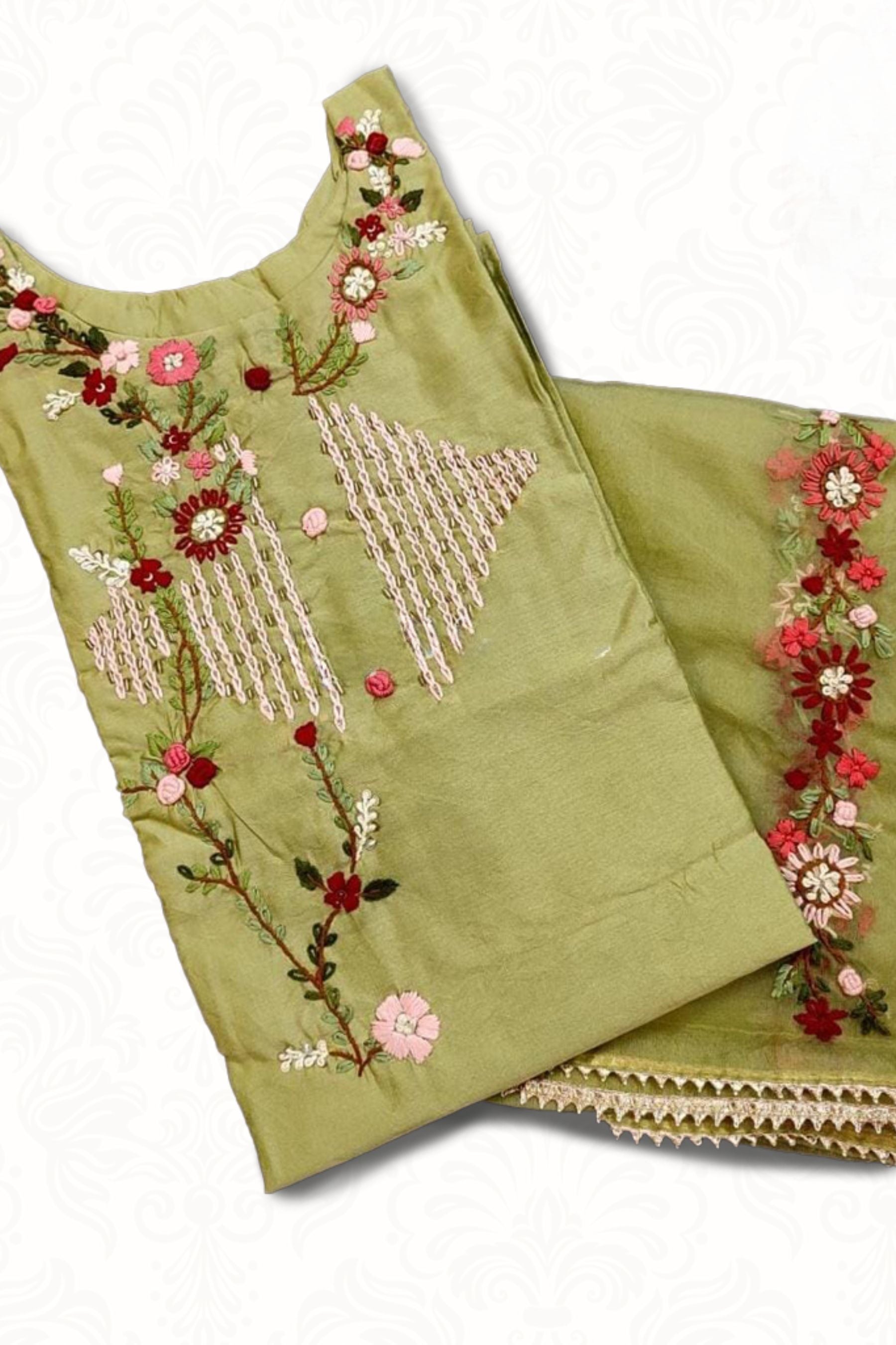 Elegant Chanderi Silk Kurti with Handwork Embroidery and Organza Dupatta