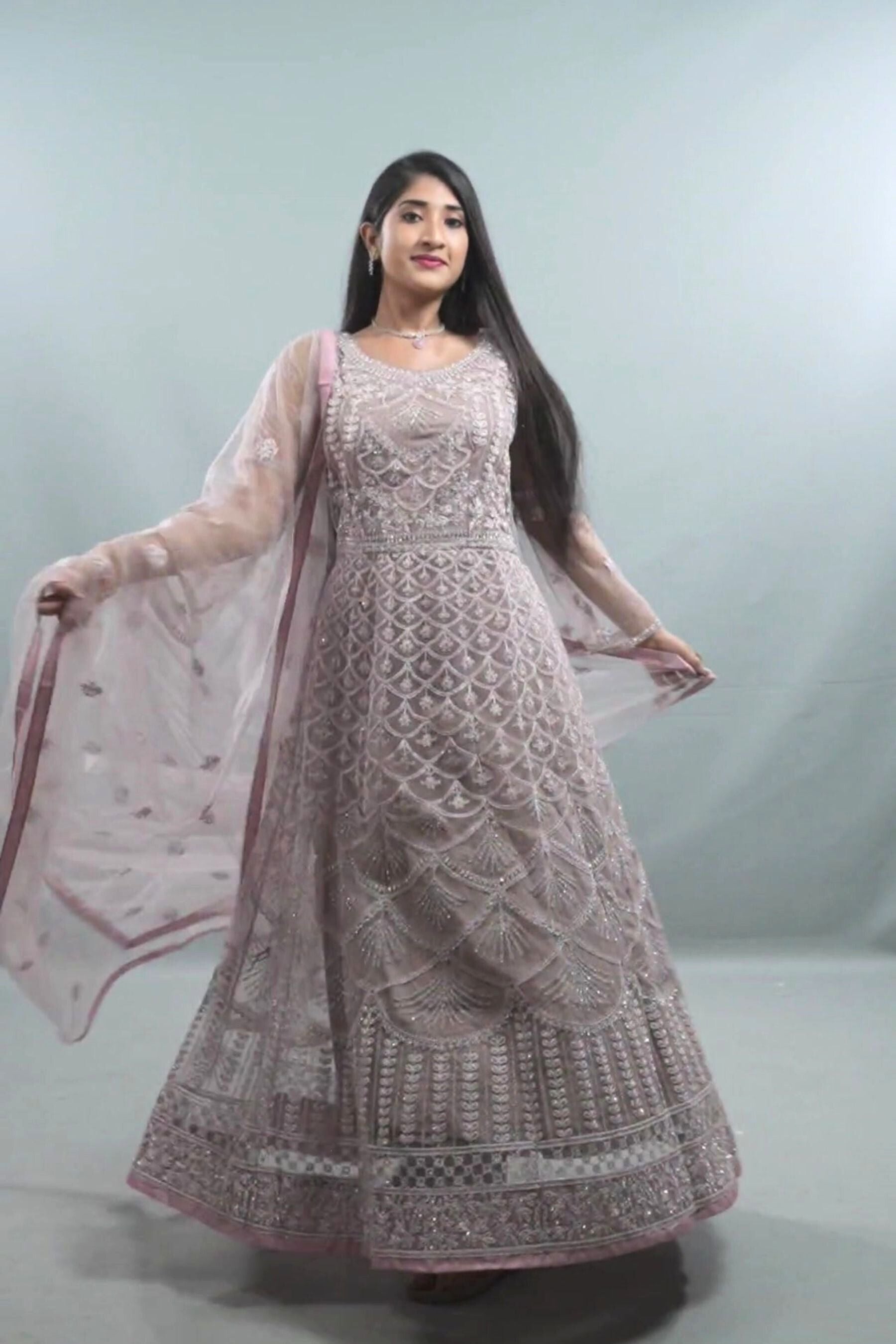 Royal Splendor Embroidered Net Gown with Dupatta Set KURTI JCS Fashions Mauve Medium (38)