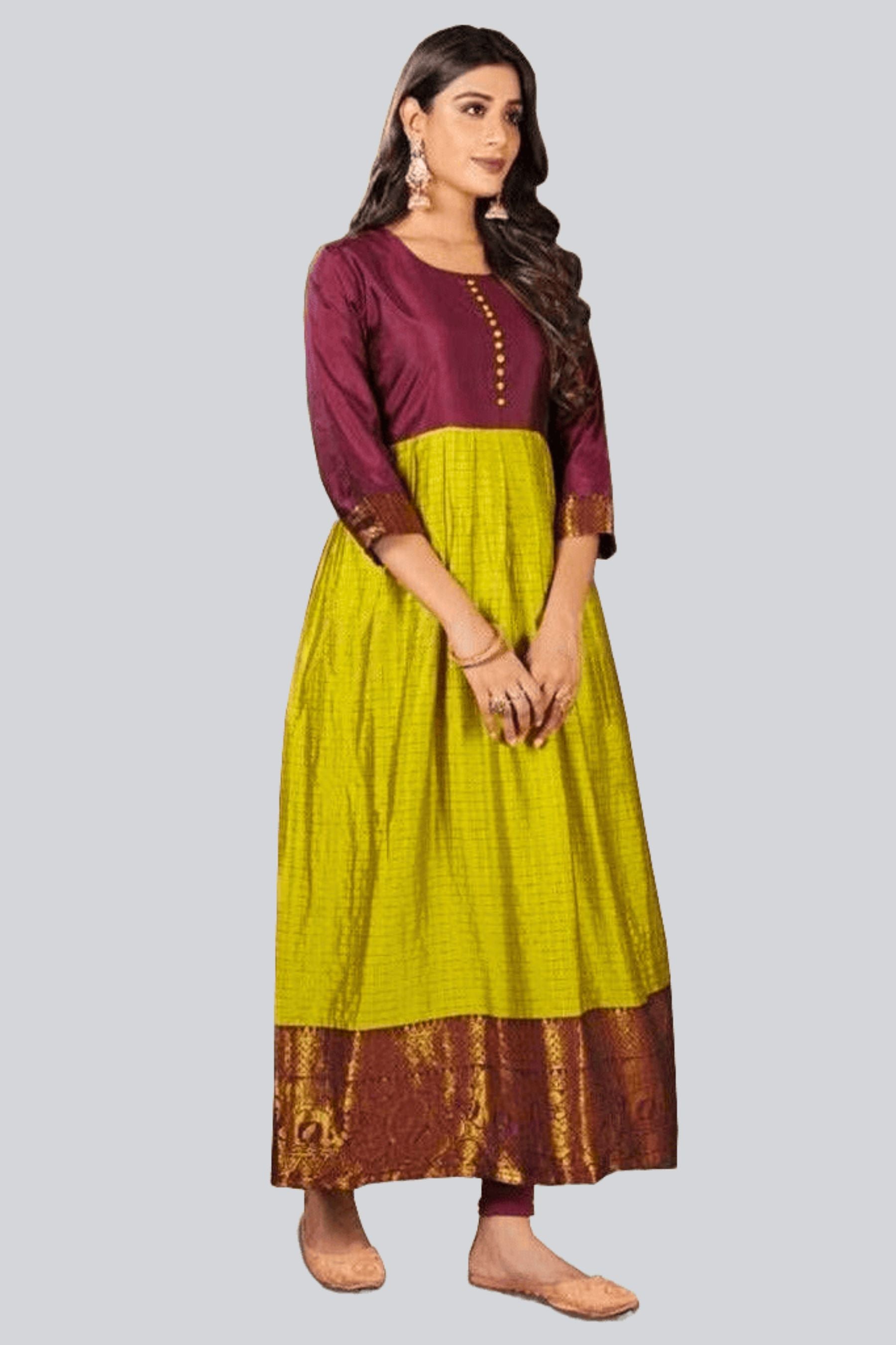 Silk Weaving Kurti with Jacquard Border with Modern Twist Kurti JCS Fashions Maroon & Green Medium (38)