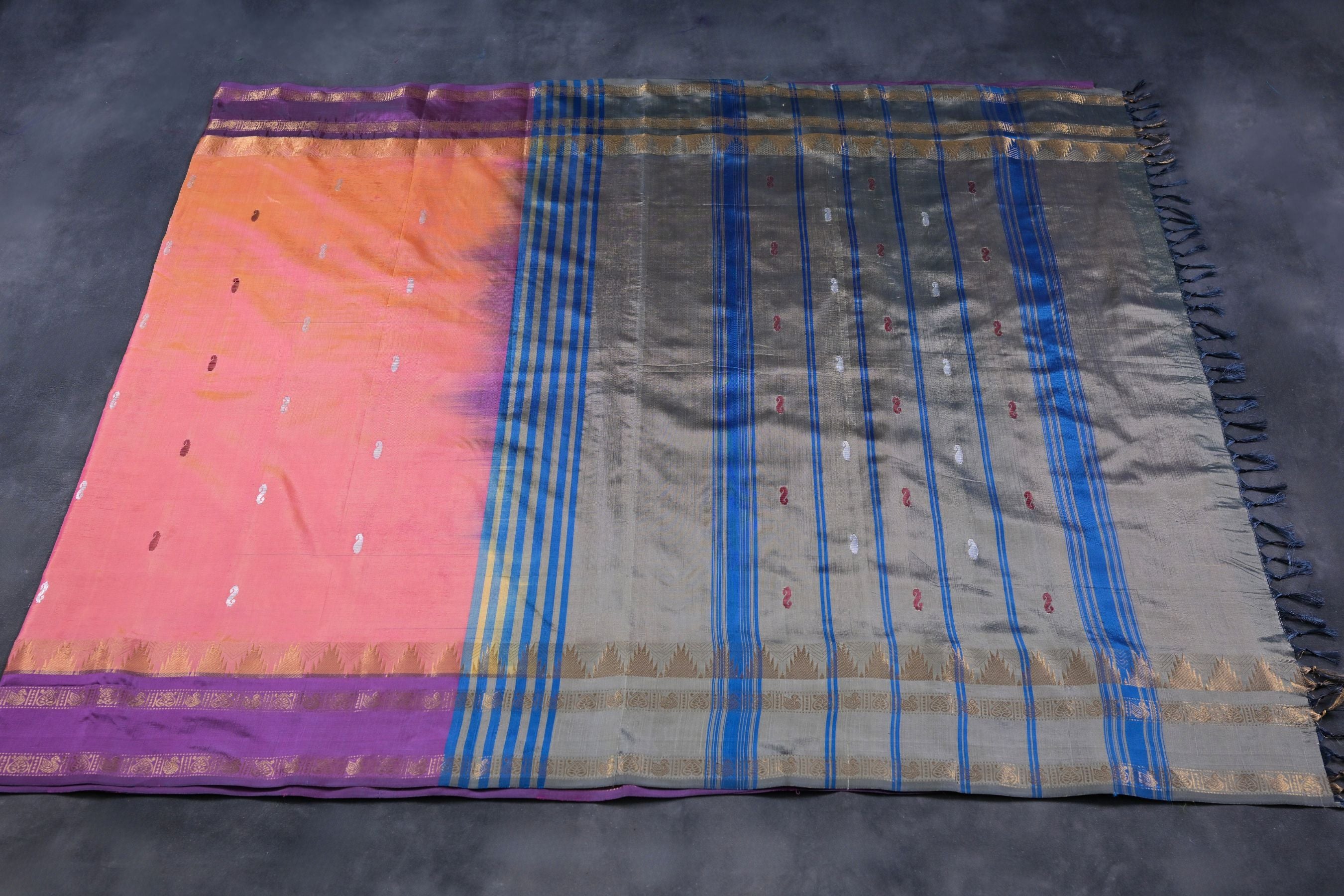 Ethereal Banana Pith Saree with Luxurious Gold Zari Border -JCSFashions Saree JCS Fashions Orange & Grey 5.5 meters