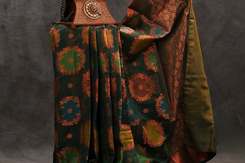 Banarasi Silk Saree with Ornate Zari Motifs and Contrast Brocade Blouse