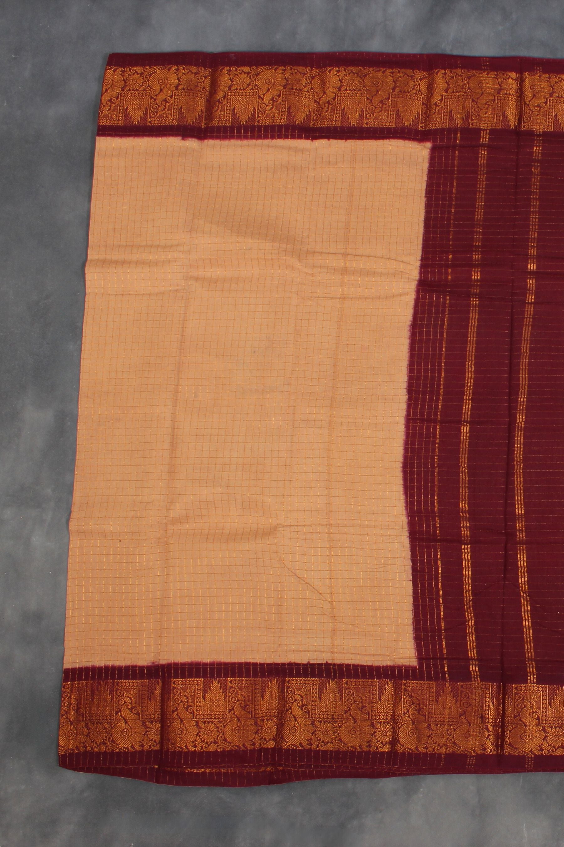 Madurai Pure Sungudi Cotton Saree with Golden Checks and Zari Border