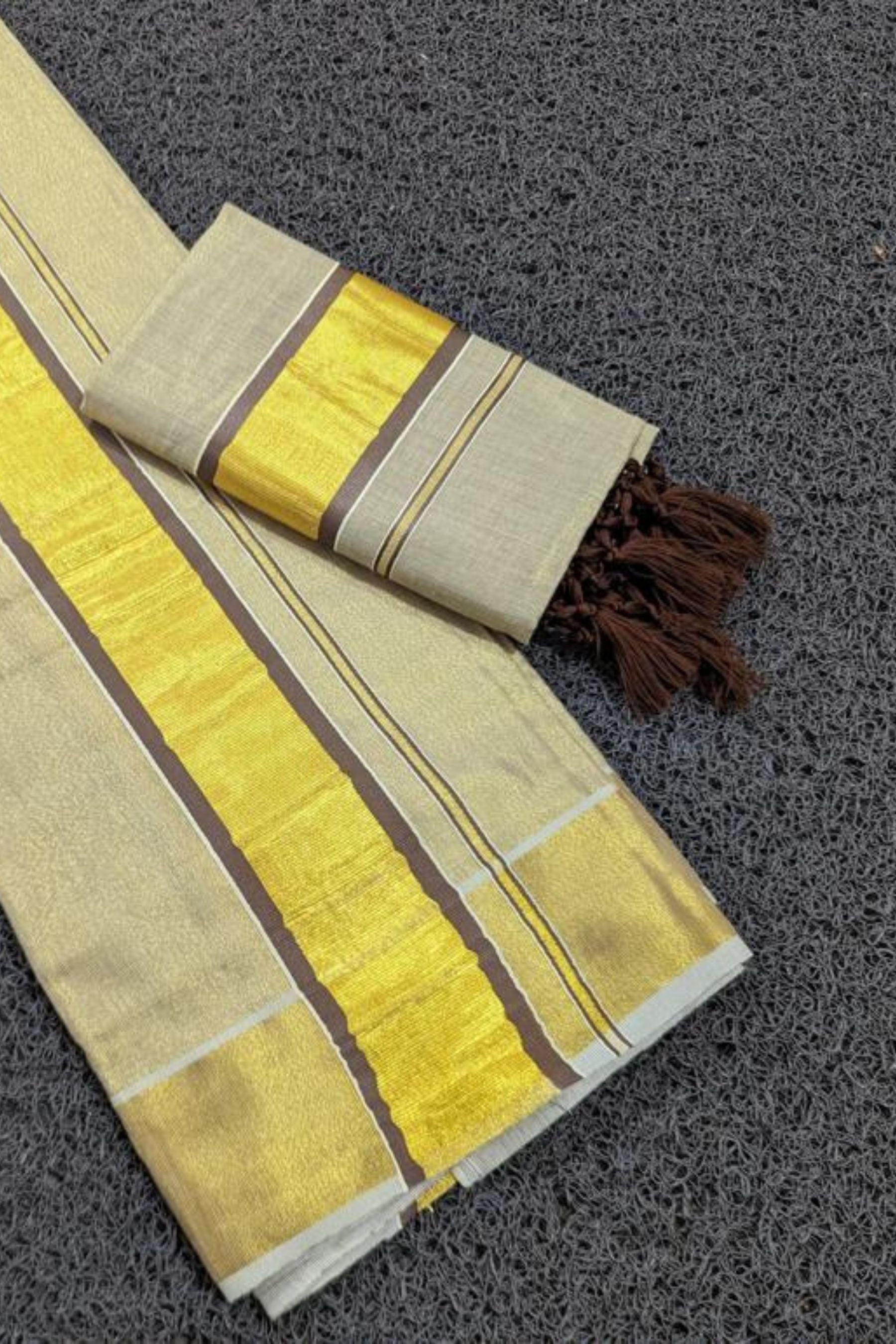 Chic Saree Vishu Collection: Color Tissue Set Mundu with Tassel Detailing Saree JCS Fashions