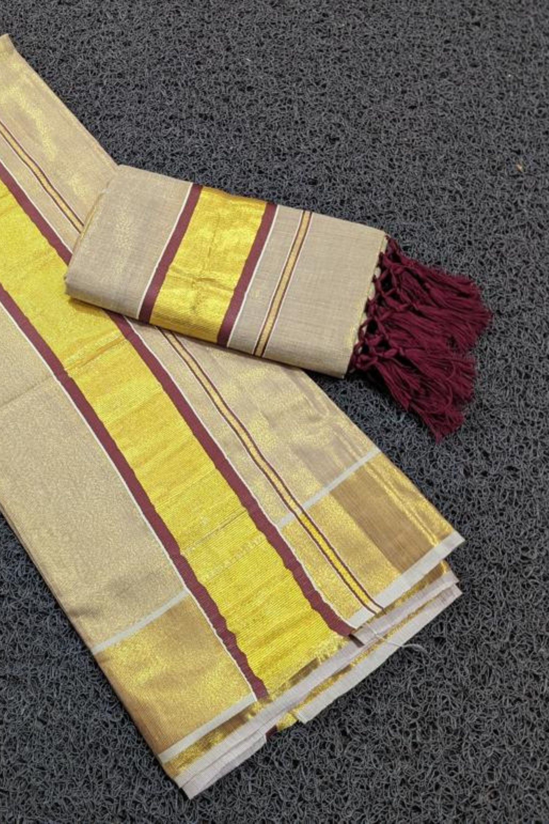 Elegant Saree Vishu Collection - Premium Tissue Set Mundu with Tussels