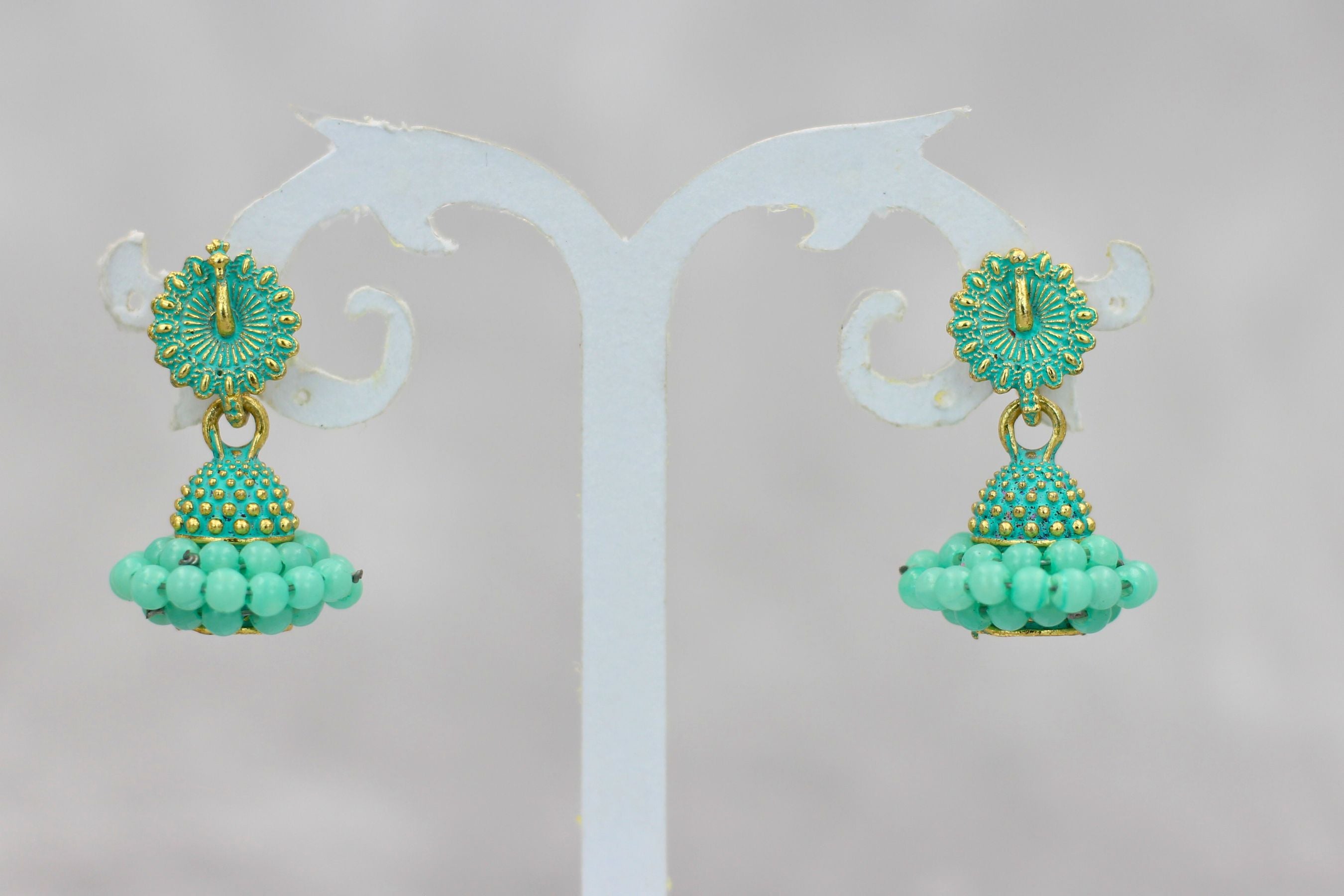 Regal Gold-Plated Oxidized Jhumka Earrings with Pearls - Ethnic Glamour Jewelry JCS Fashions Mint Blue 1 inch