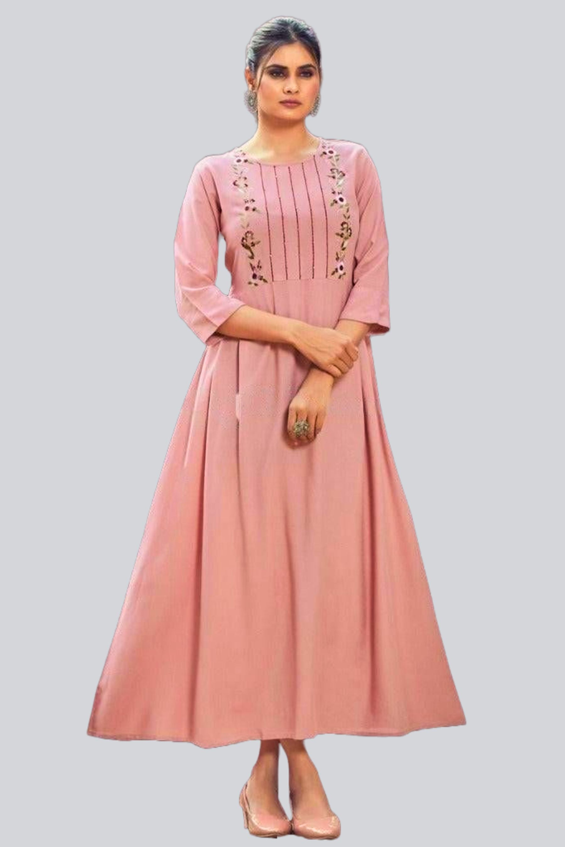 Rayon Gown with Embroidery and Mirror Work | Elegant Ethnic Wear Kurti JCS Fashions Pink Medium (38)