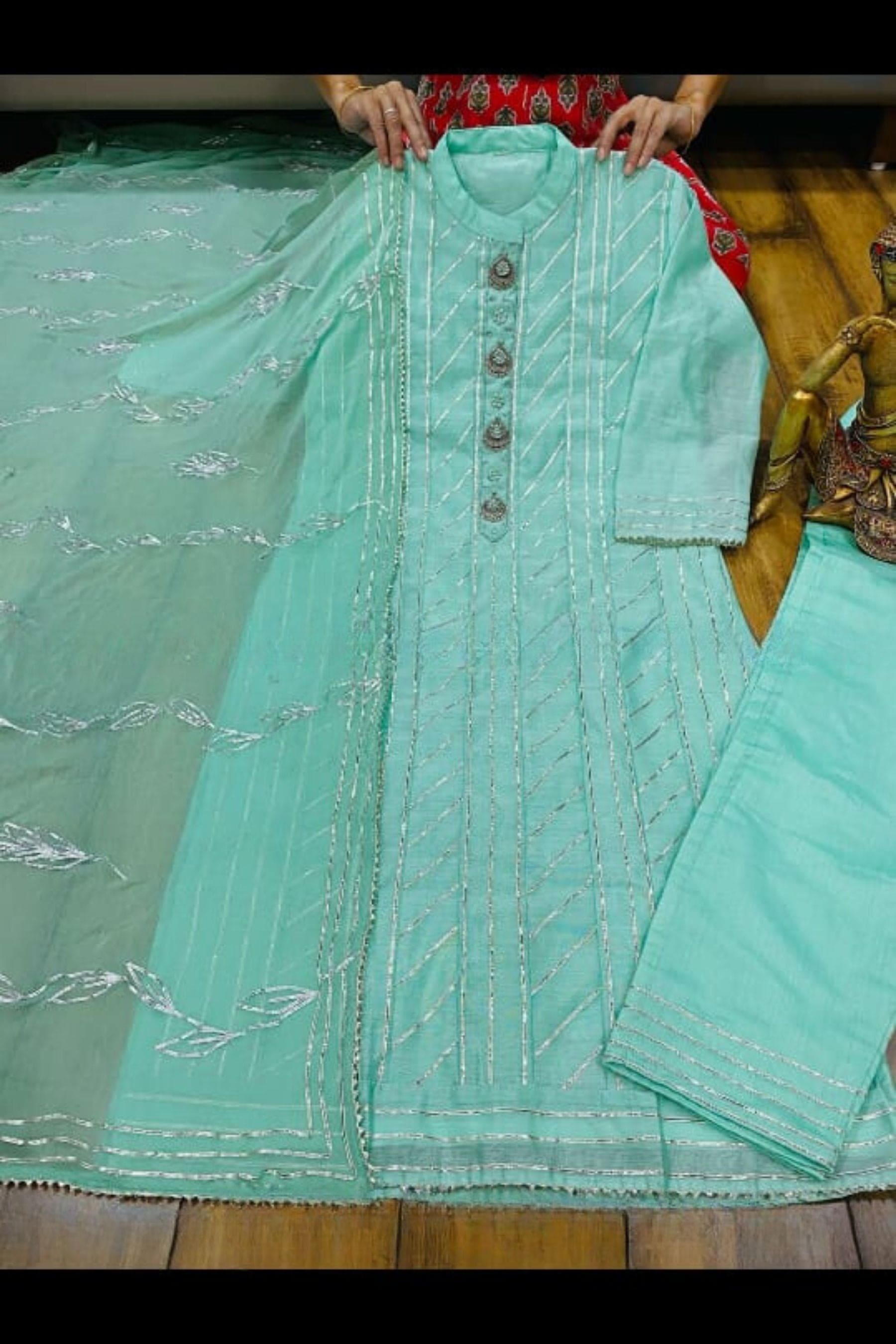 Chanderi Kurti with Cotton Lining, Silk Pants and Handloom Dupatta KURTI JCS Fashions Sea Green Large (40)