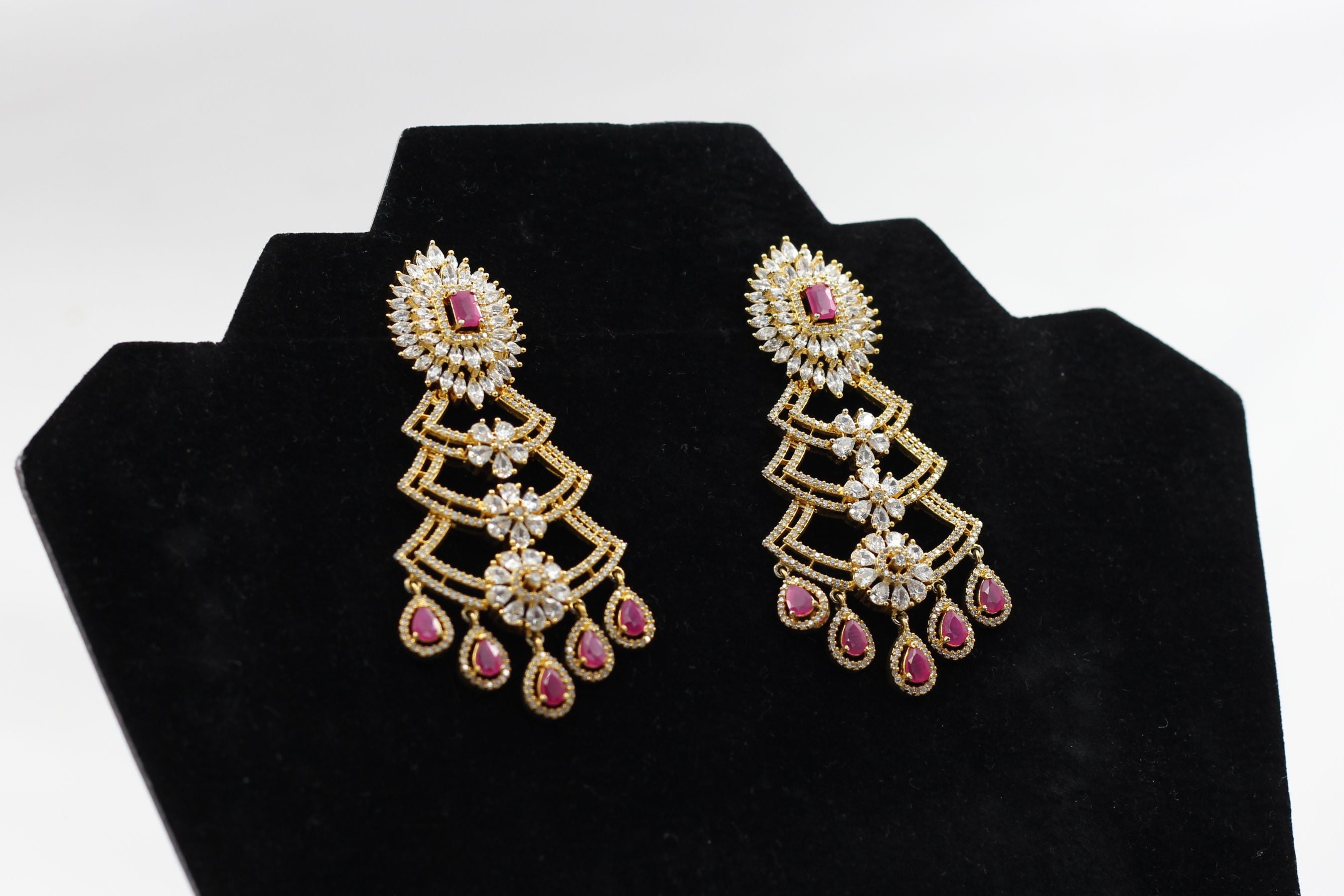 Luxe Pink & White Stone Long Earrings with Gold Polish - JCS Fashions Jewelry JCS Fashions