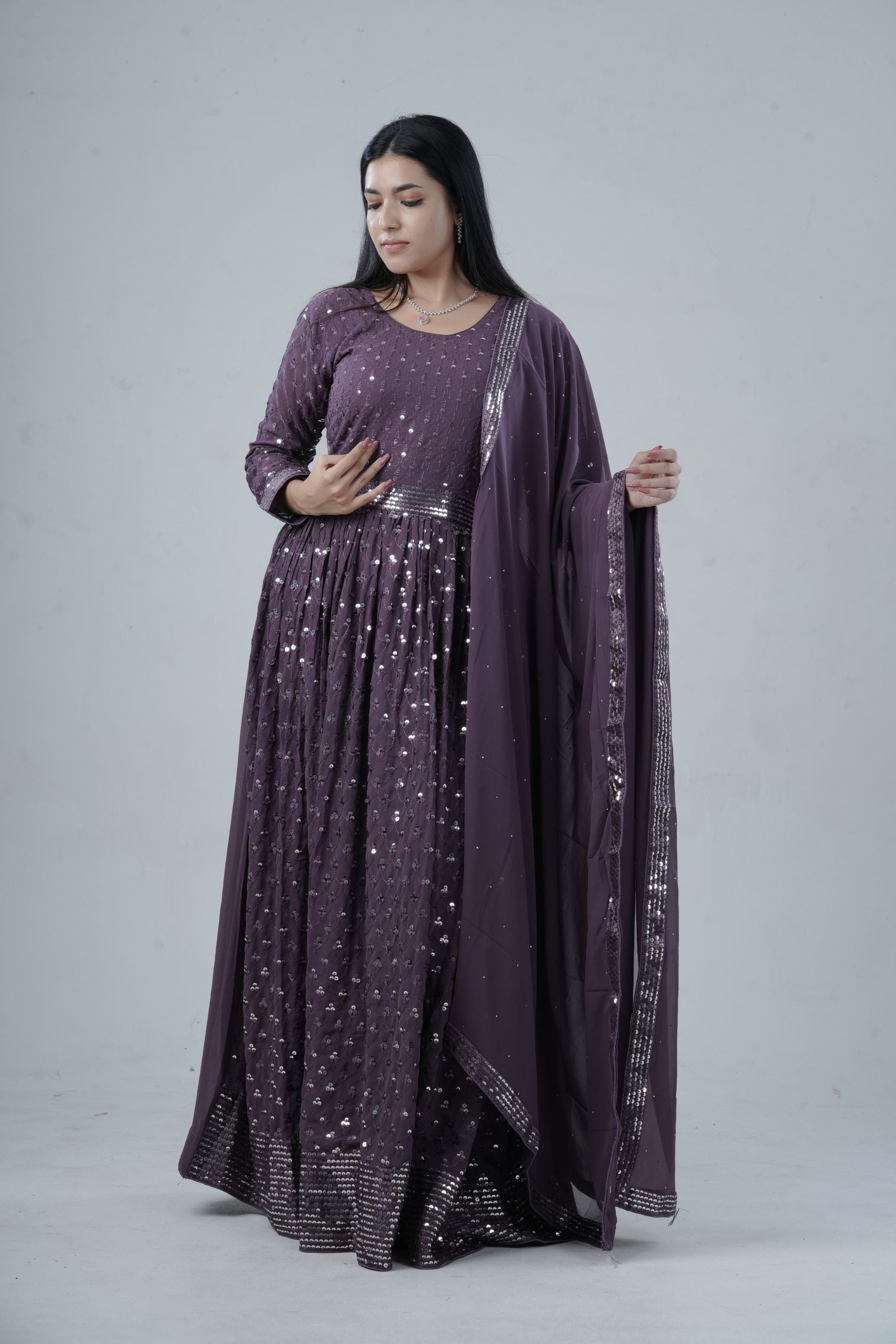 Elegant Georgette Gown with Sparkling Sequins and Silk Santoon Pants KURTI JCS Fashions