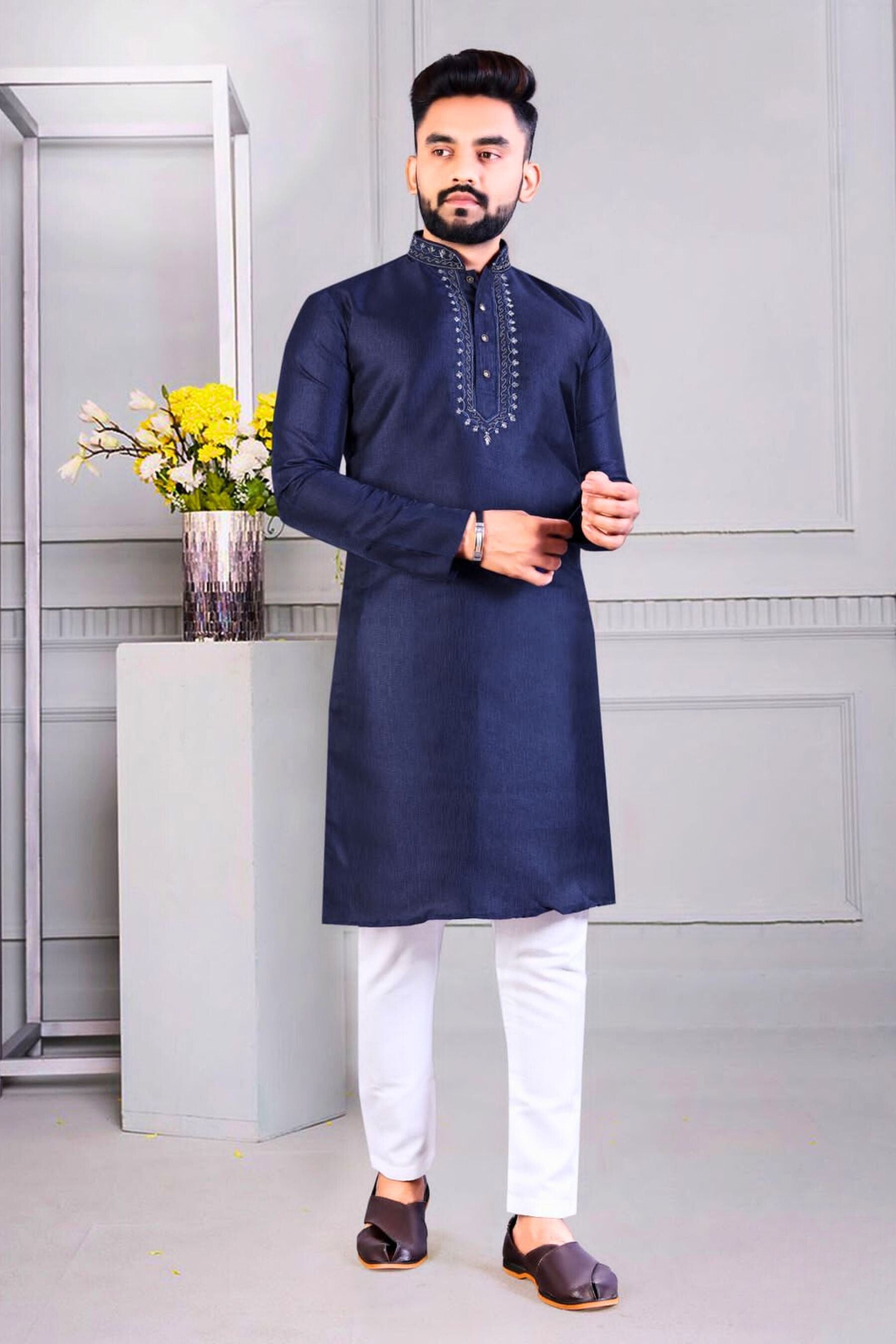 Men's Classic Corian Silk Kurta & Cotton Pajama Set -Resham Work Details