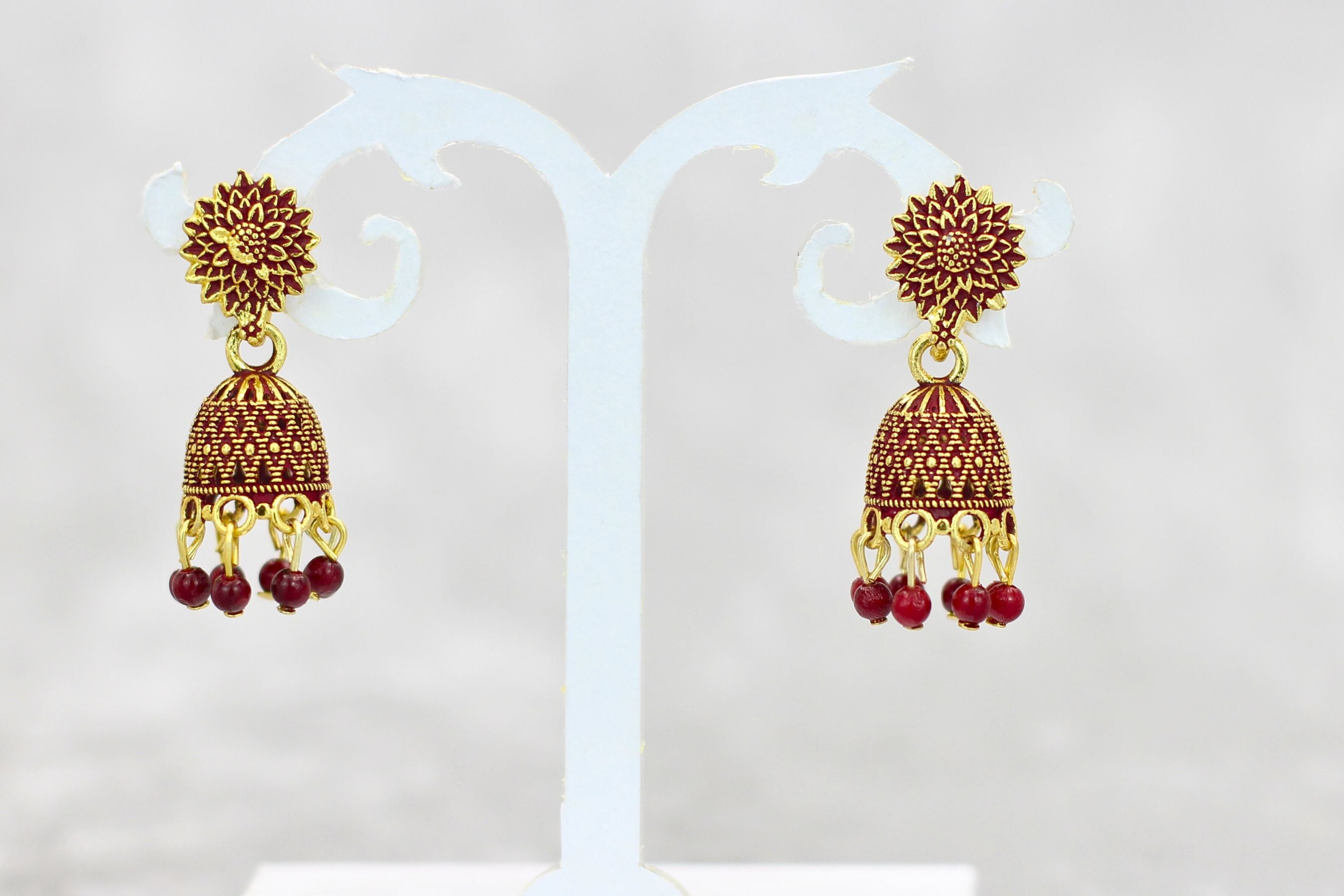 Opulent Gold Plated Jhumkas with Pearls - Durable & Elegant Earrings Jewelry JCS Fashions Maroon 1.3 inch