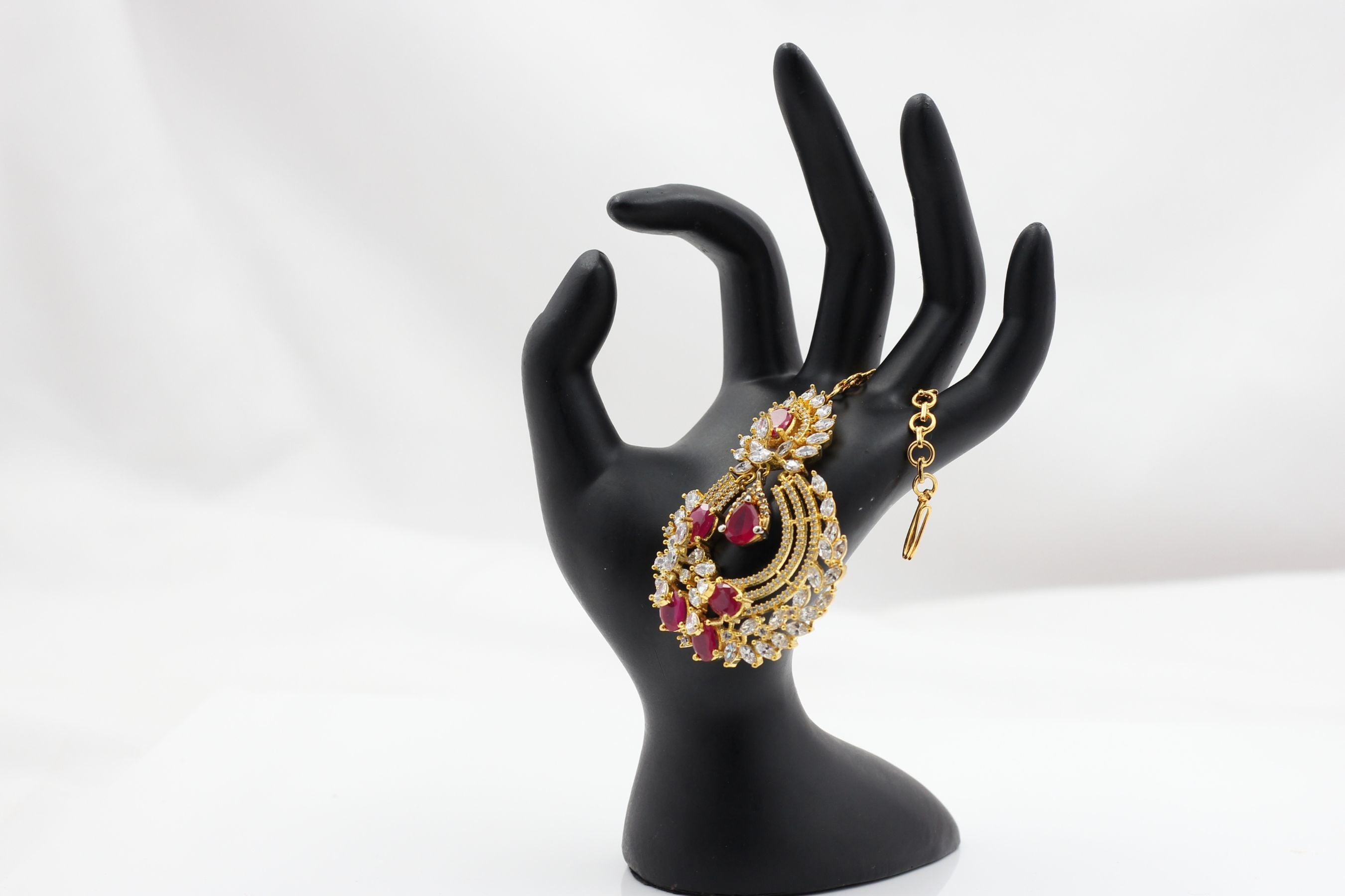 Regal Gold-Polished American Diamond Tikka with Pink & White Stones Jewelry JCS Fashions