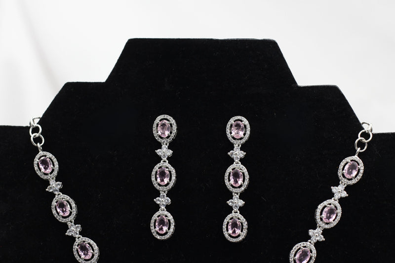 JCS Sophisticated Silver Polish Jewelry Set with White and Pink Stones