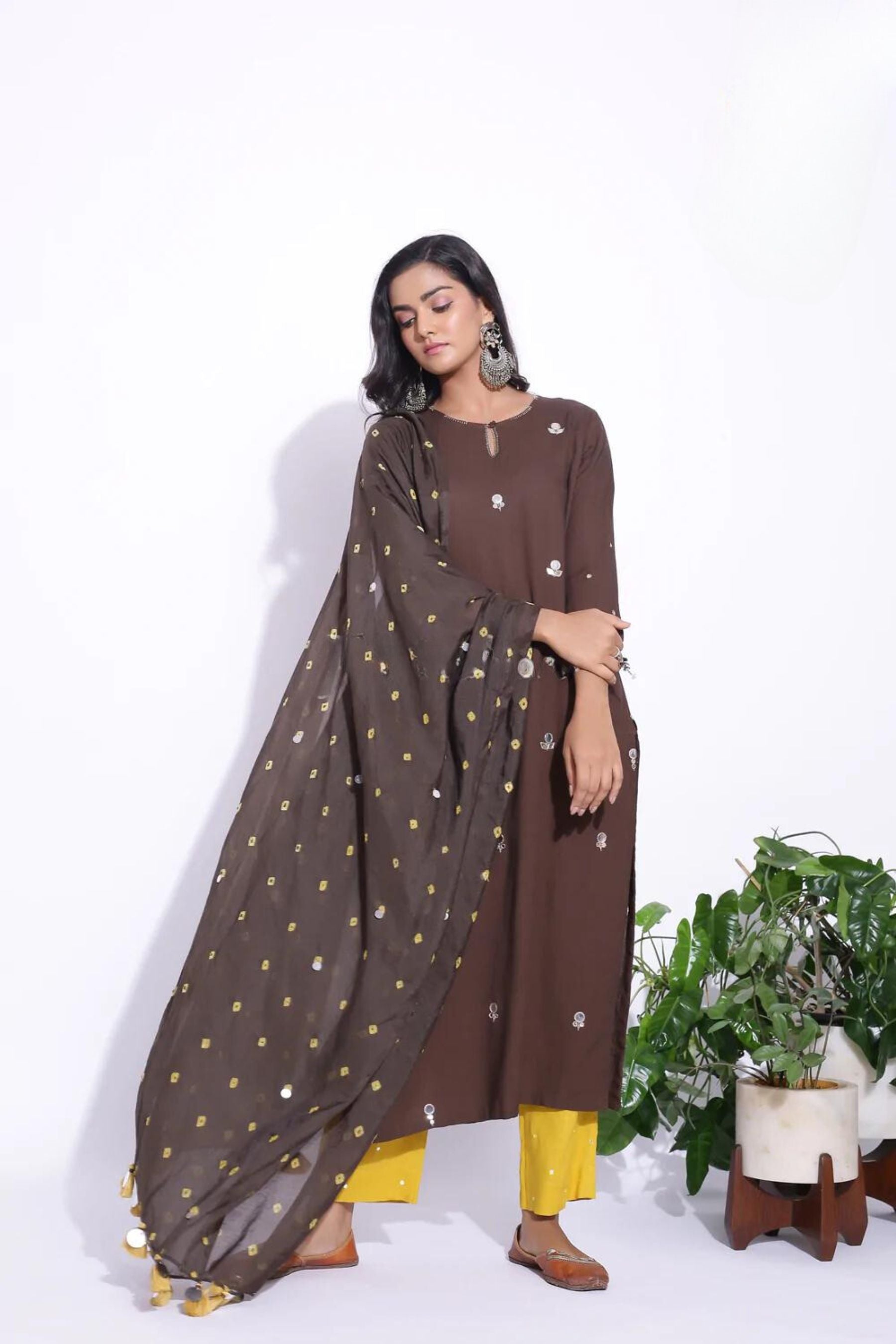 Brown Colour Mirror Work Detailing Kurta | JCS Fashions Sustainable JCS Fashions