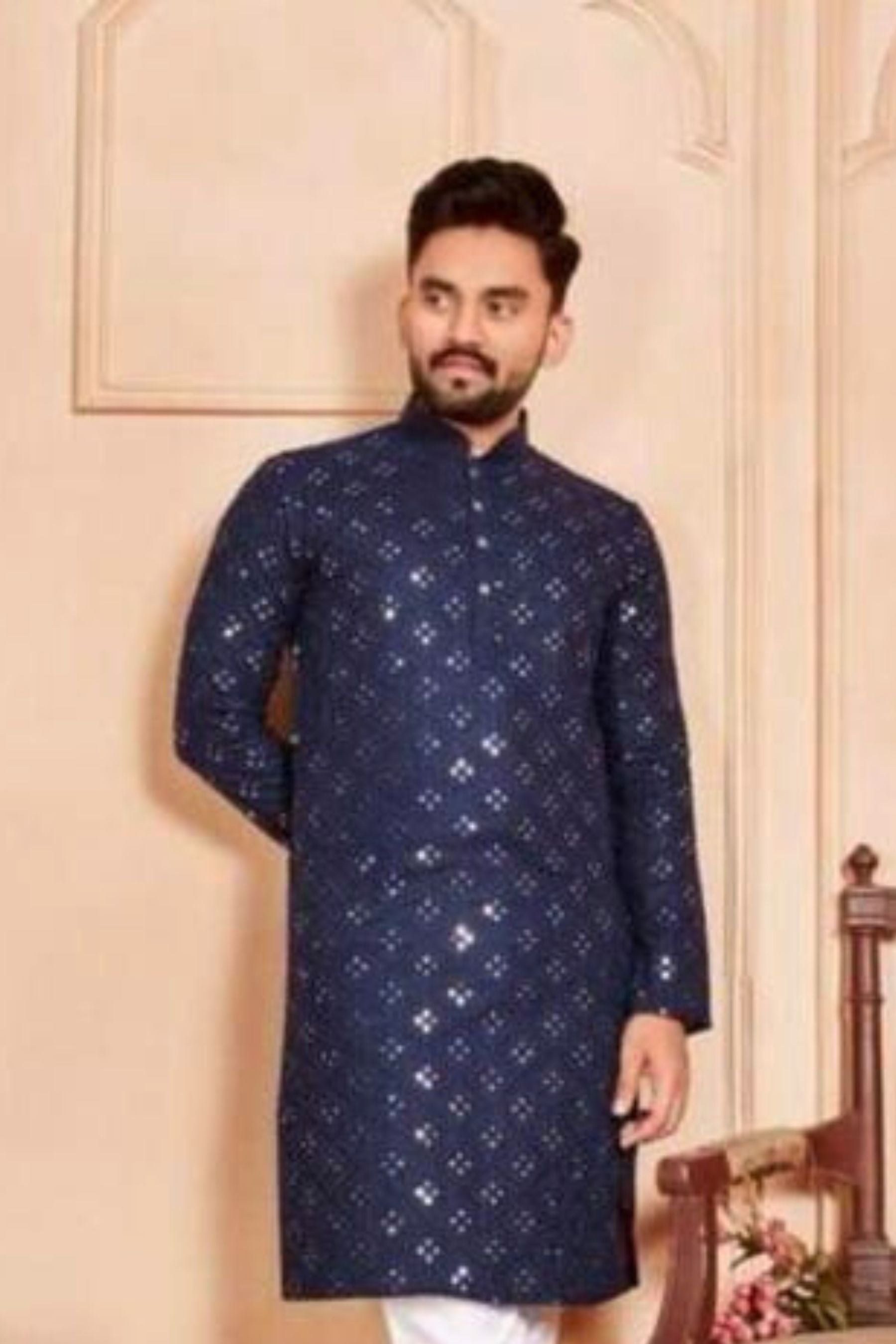 Festive Mirror-Embroidered Cotton Kurta Pajama Set - Stylish Comfort