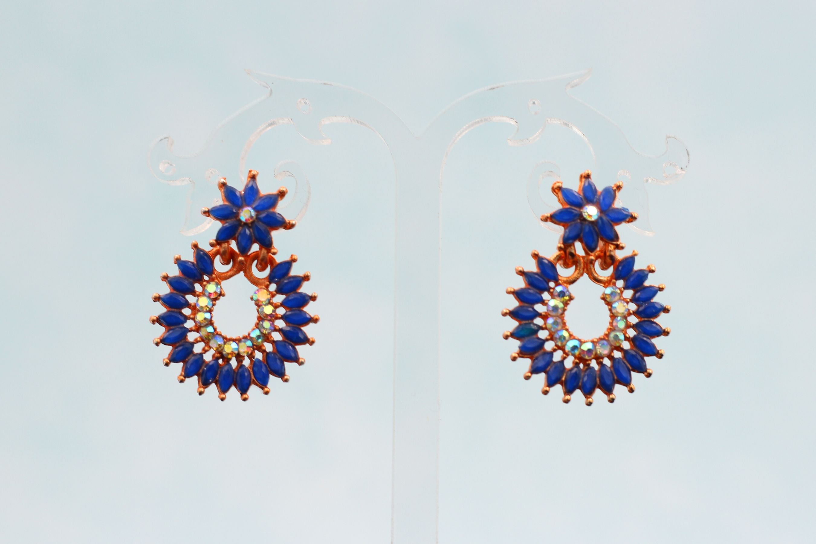 Glamorous Gold-Plated Chandelier Earrings With Brilliant Artificial Stones Jewelry JCS Fashions Royal Blue 1.2 inch