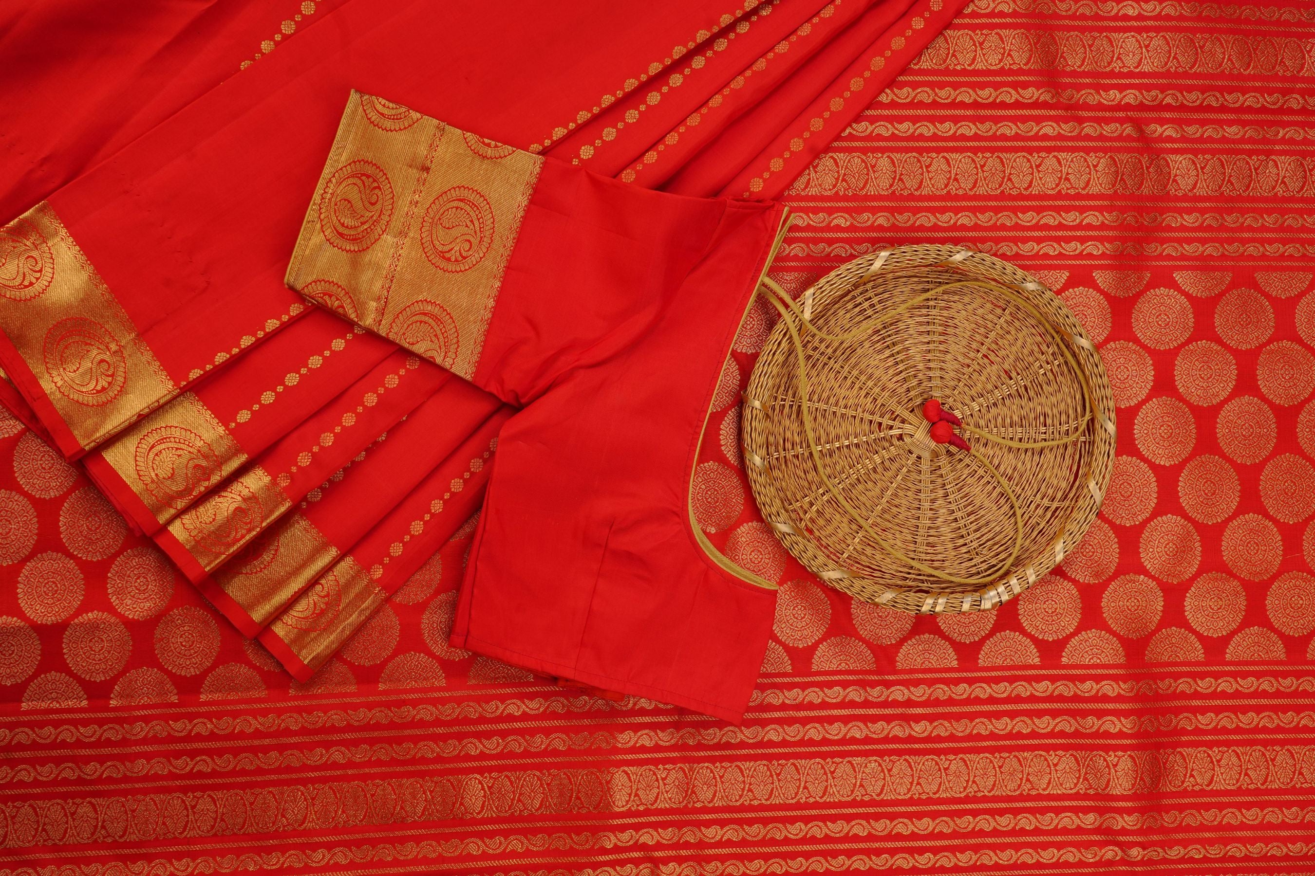 Pure Kanchipuram Saree: Gold and Copper Zari Butties & Stitched Blouse SAREE JCS Fashions