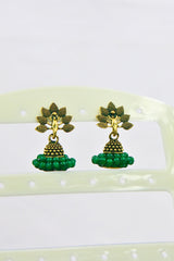 Gold-Plated Oxidised Jhumka Earrings with Faux Pearls & Meenakari Accent