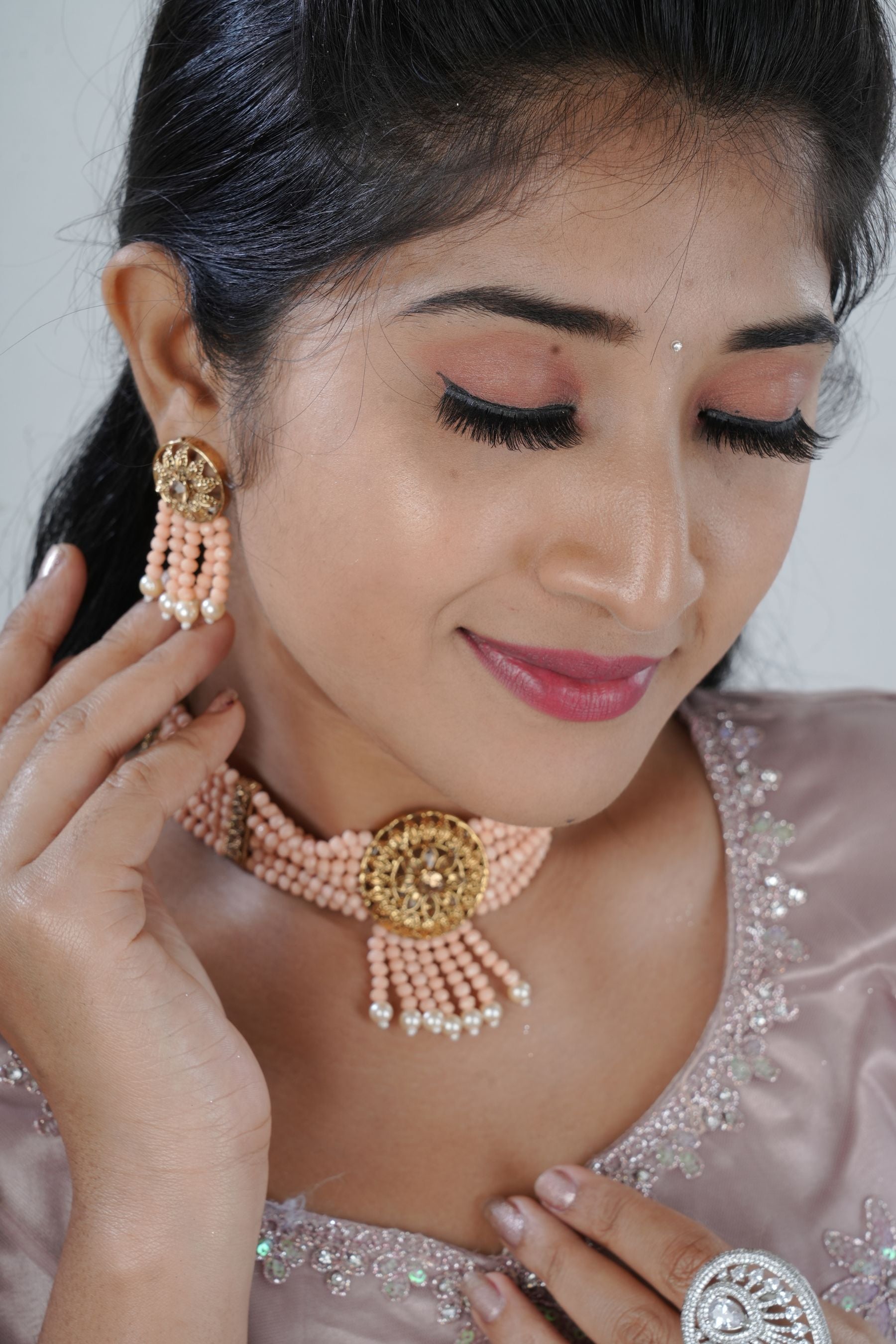 Stunning Peach Beaded Jewelry Set - Matte Finish Choker, Earrings & Tikka Jewelry JCS Fashions