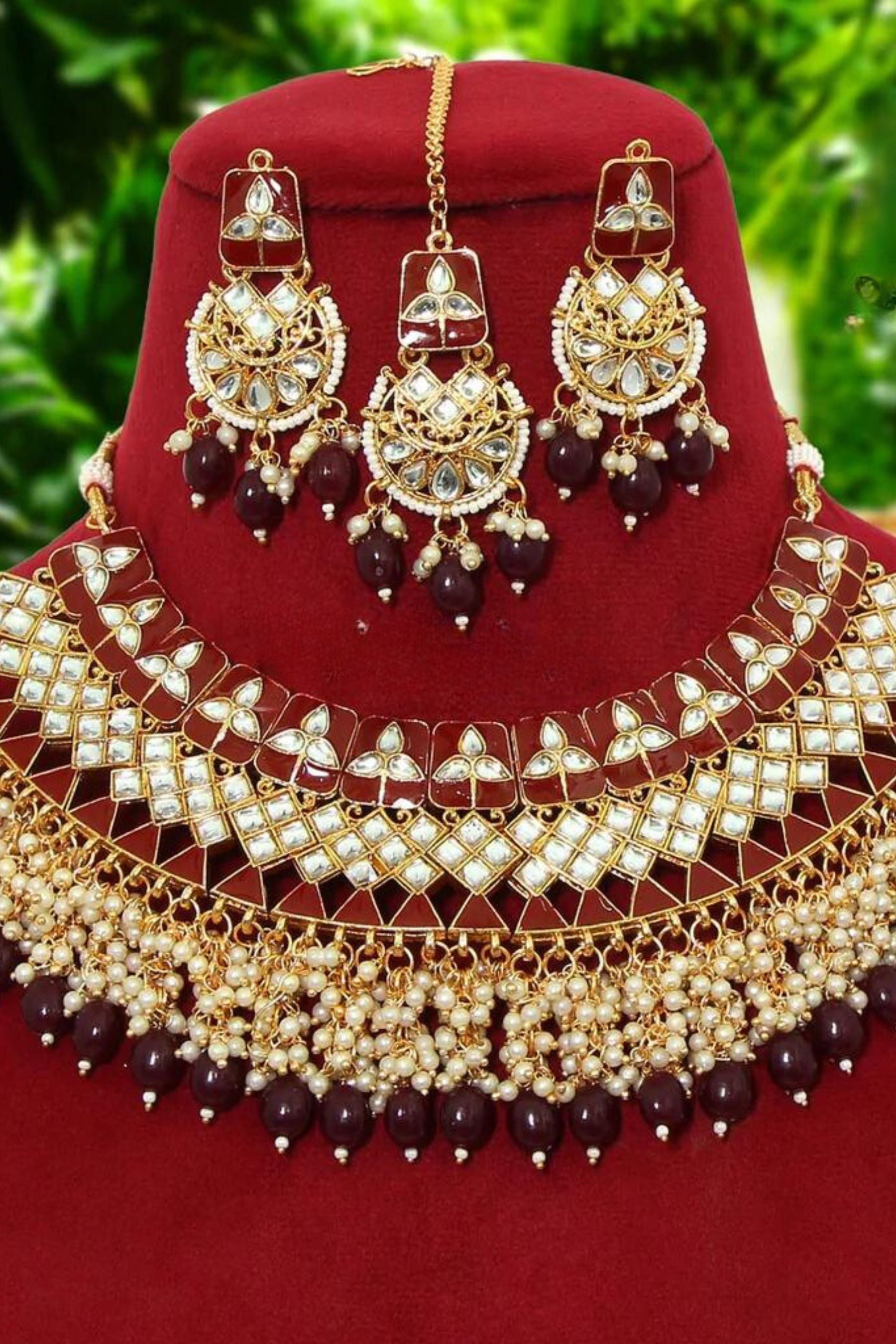 Stunning Meenakari Necklace Set with earrings and tikka Jewelry JCS Fashions Maroon 7 * 2.7"