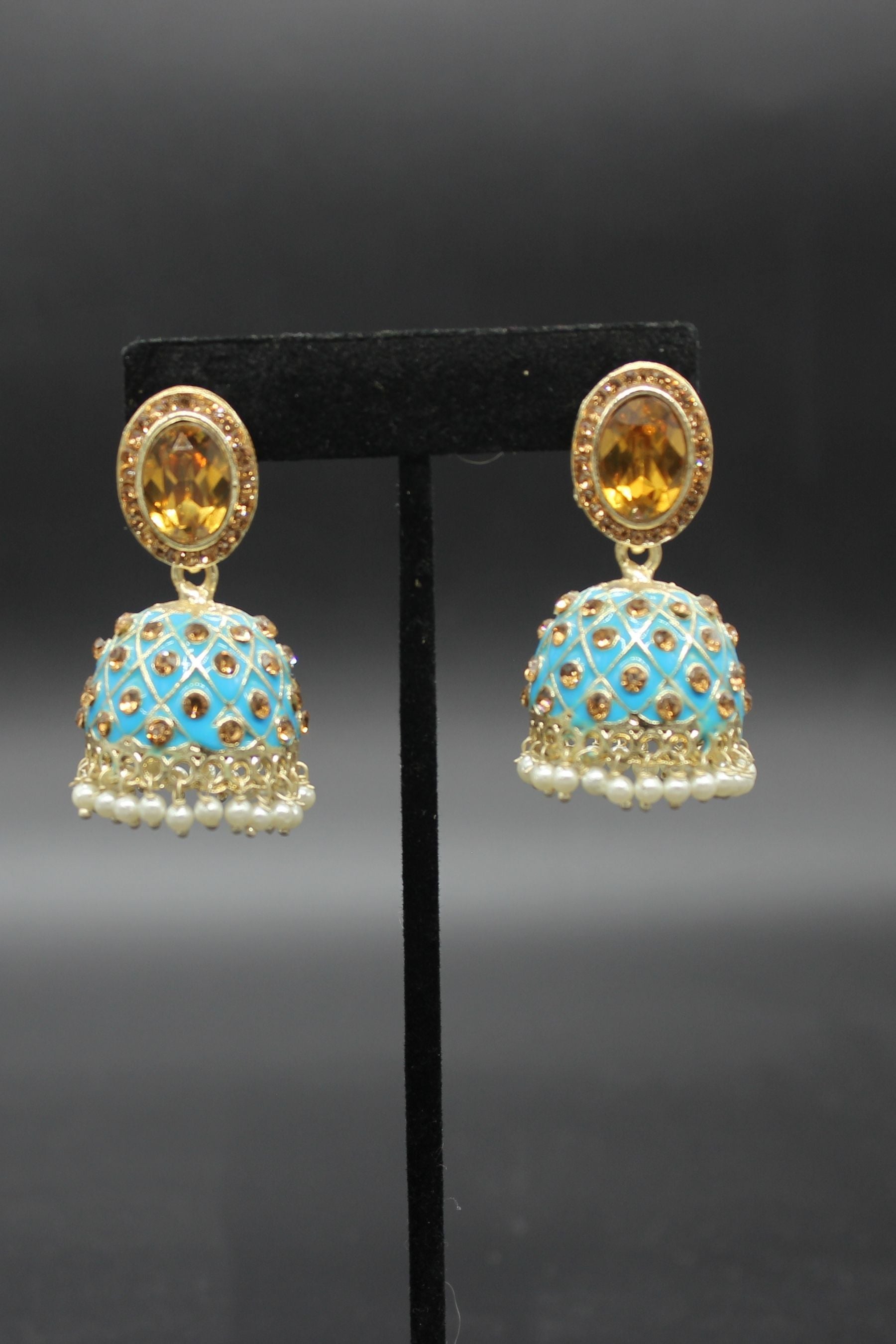 Kundan Jhumka Earrings With stones. Multiple Colors Available Jewelry JCS Fashions Light Blue 2 inch