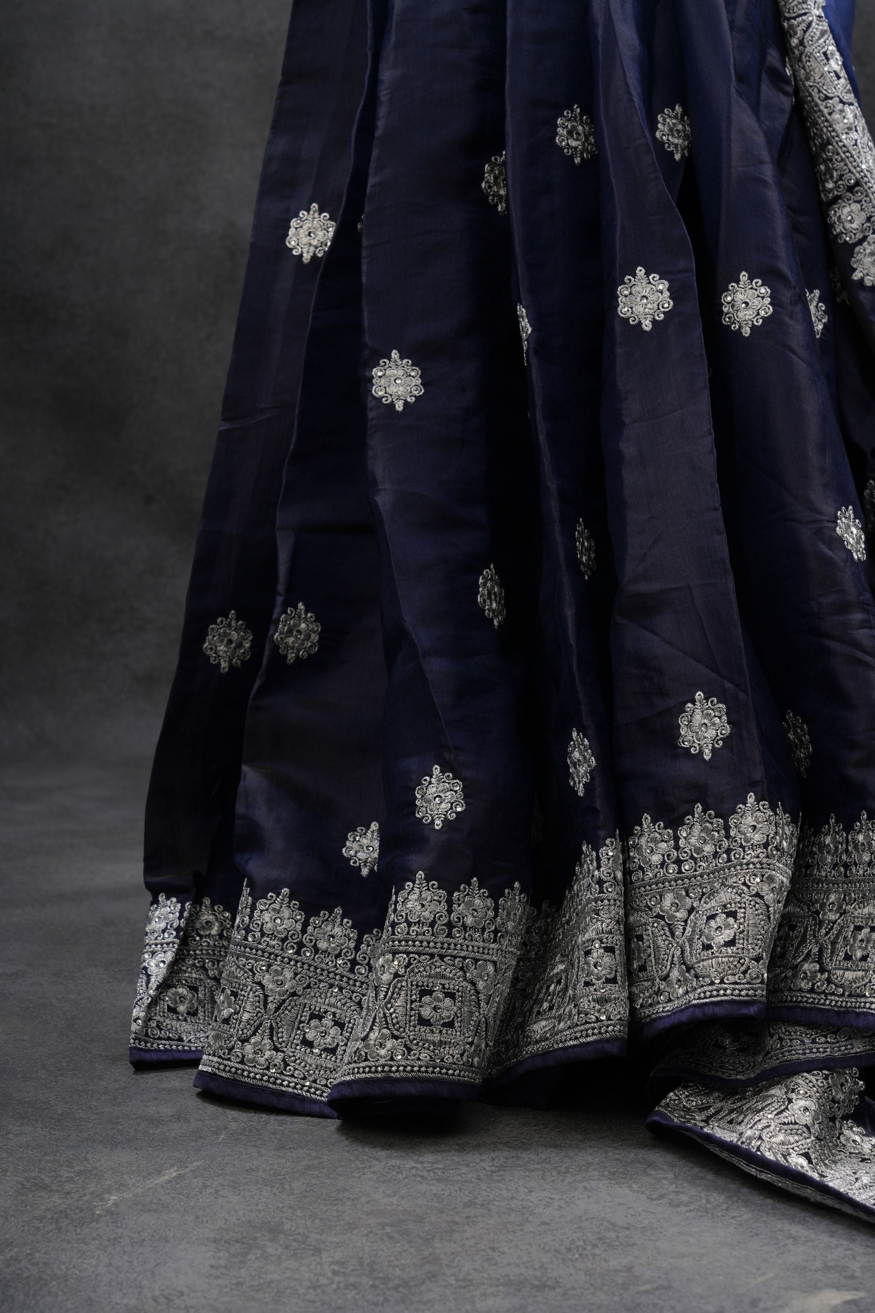 Luxe Heavy Tussar Silk Saree with Silver Jari Embroidery & Stone Work