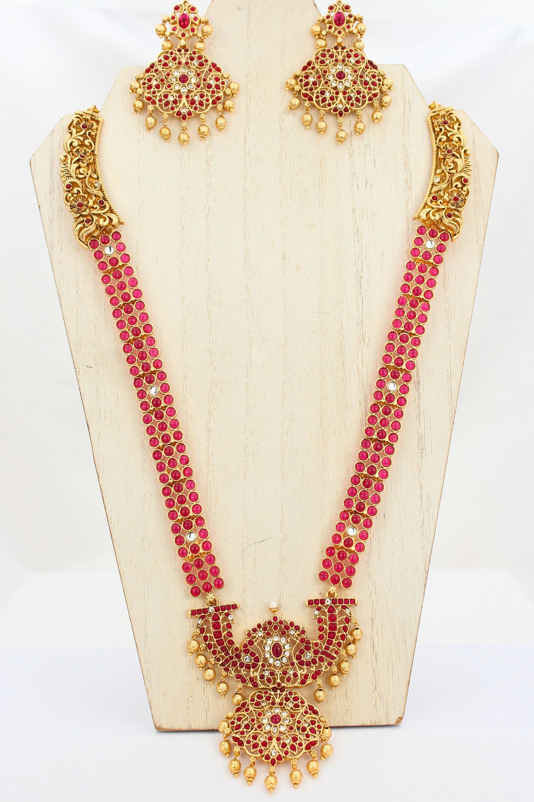 Regal Gold-Plated Kemp Mala Necklace & Earring Set by JCS Fashions Jewelry JCS Fashions Pink 12 inch